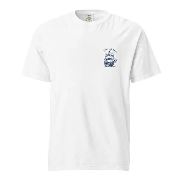 Lost at sea, beach, sail, boat, Unisex garment-dyed heavyweight t-shirt