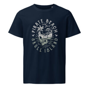 unisex-organic-mid-light-t-shirt-french-navy-front-685e2d6bcf6ad.jpg Pirate Beach, summer, Unisex organic mid-light t-shirt