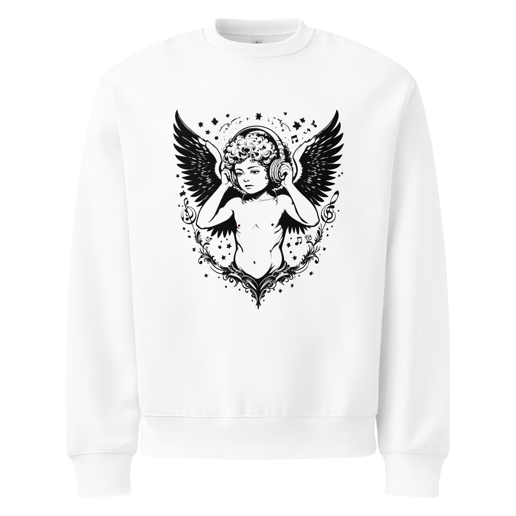 Cherub with headphones on white, tattoo art, Oversized heavyweight sweatshirt