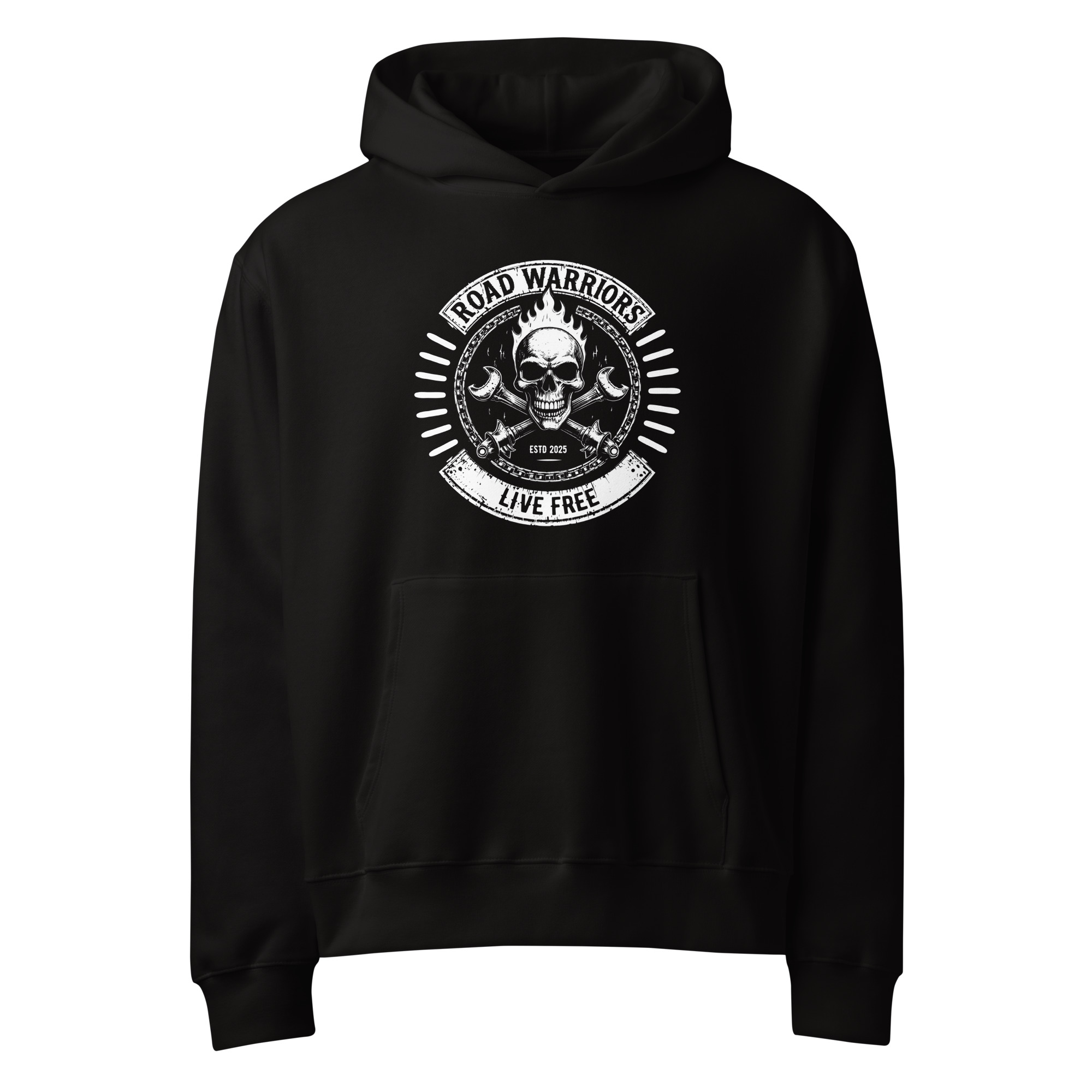 Road warriors, motorcycle, tattoo art, Oversized heavyweight hoodie