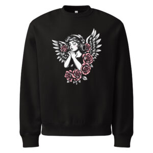 Angel and headphones, tattoo art, cherub, Oversized heavyweight sweatshirt