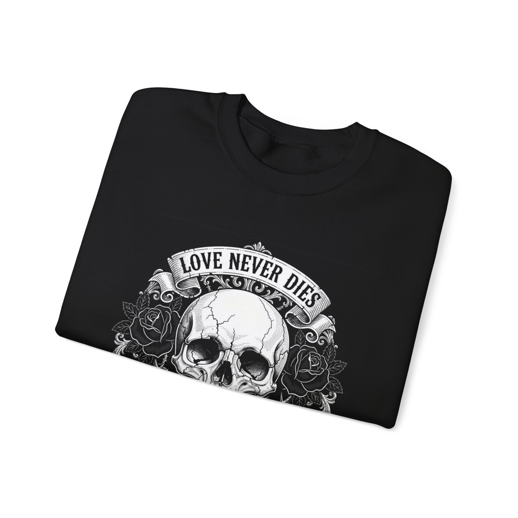 Skull Crewneck Sweatshirt — "Love Never Dies, It Just Transforms" Gothic Pullover, tattoo art - Image 3