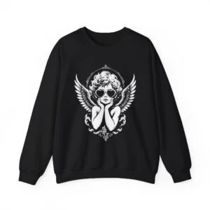 Angel Cherub Crewneck Sweatshirt — Retro Winged Cherub with Heart Sunglasses
