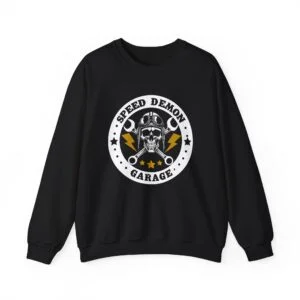 Speed Demon Garage Crewneck Sweatshirt — Skull, Wrench & Lightning Motorcycle Shop Pullover