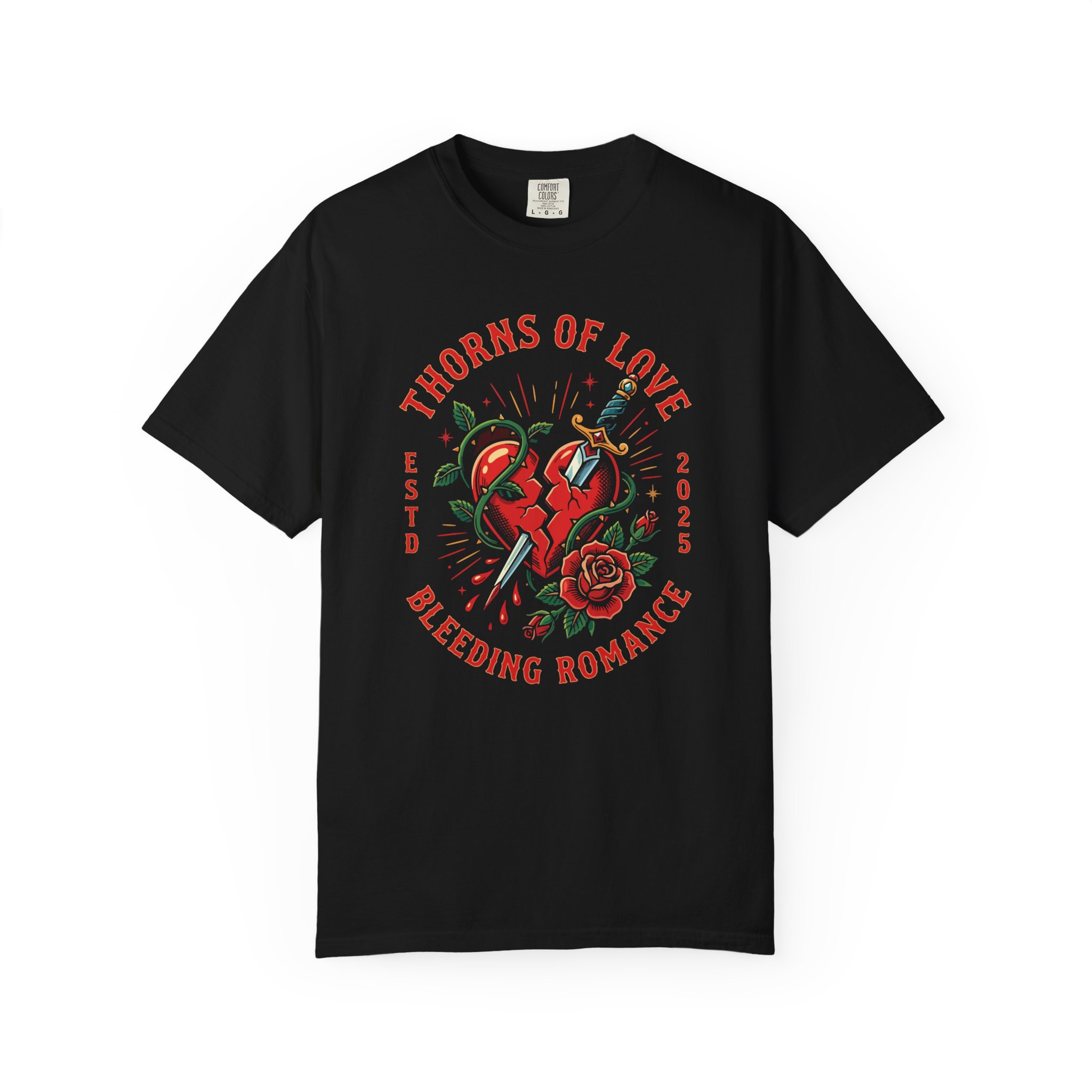 Thorns of Love T-Shirt — Bleeding Romance Heart & Rose Graphic, tattoo art