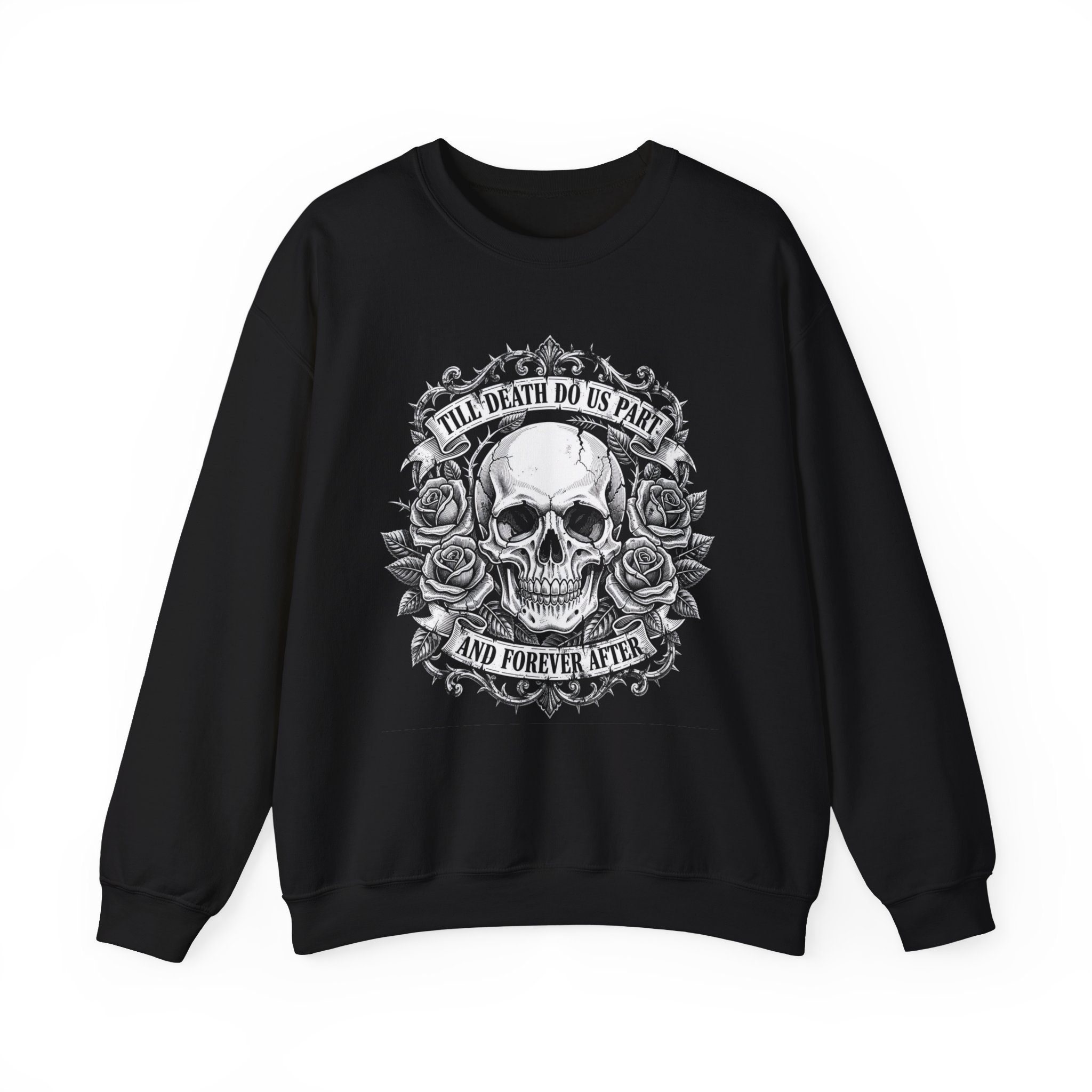 Skull & Roses Crewneck Sweatshirt — "Till Death Do Us Part" Gothic Wedding Sweatshirt, tattoo art