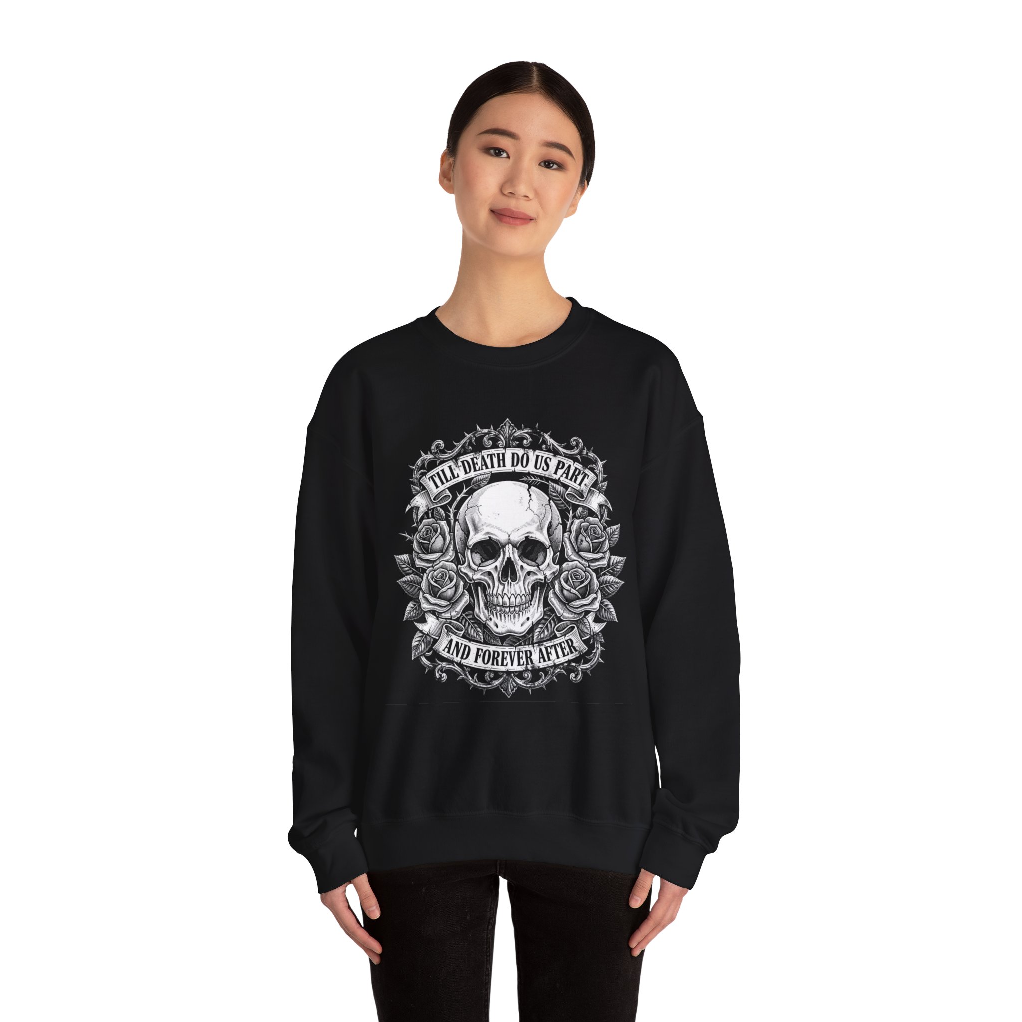 Skull & Roses Crewneck Sweatshirt — "Till Death Do Us Part" Gothic Wedding Sweatshirt, tattoo art - Image 4