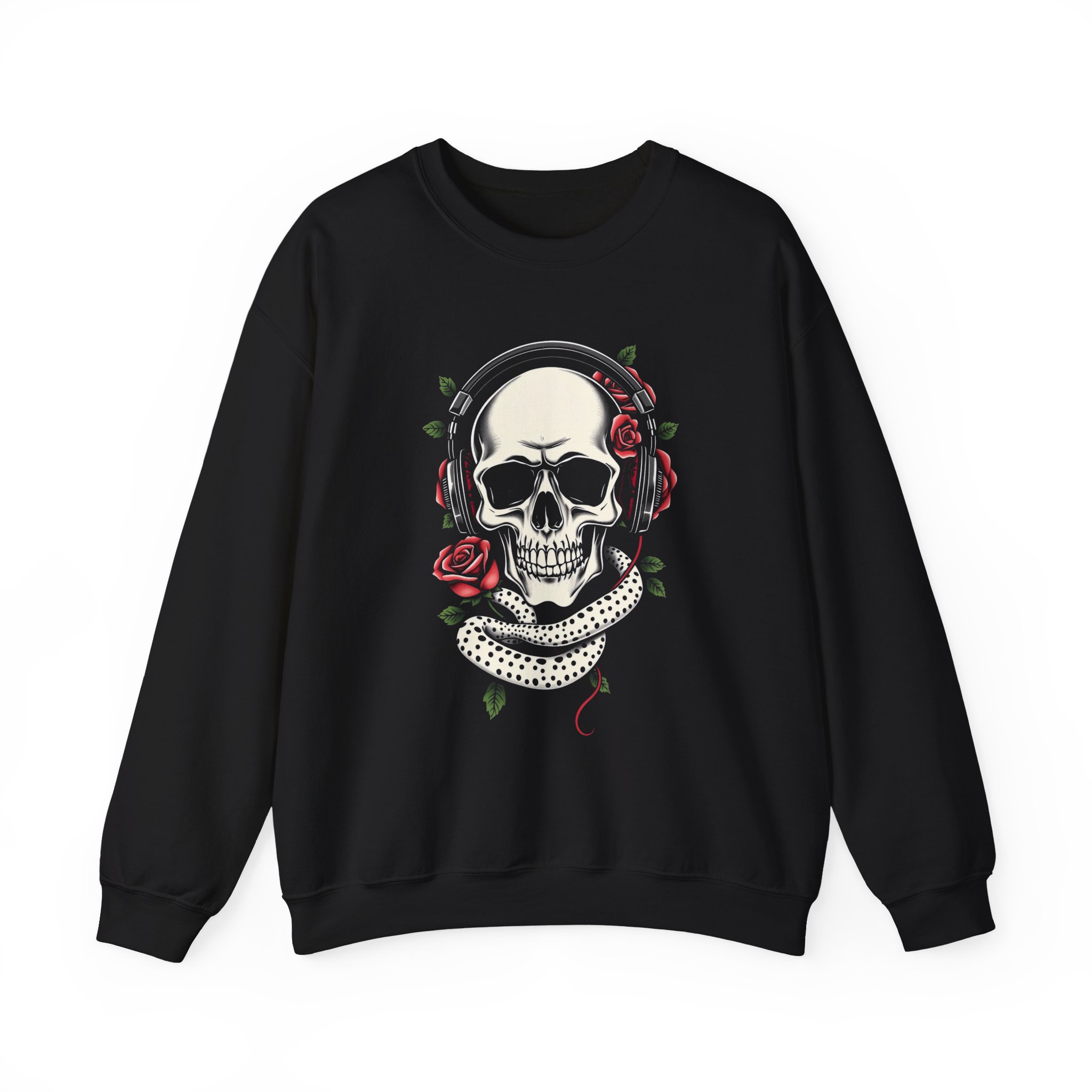 Skull with Headphones & Rose Crewneck Sweatshirt