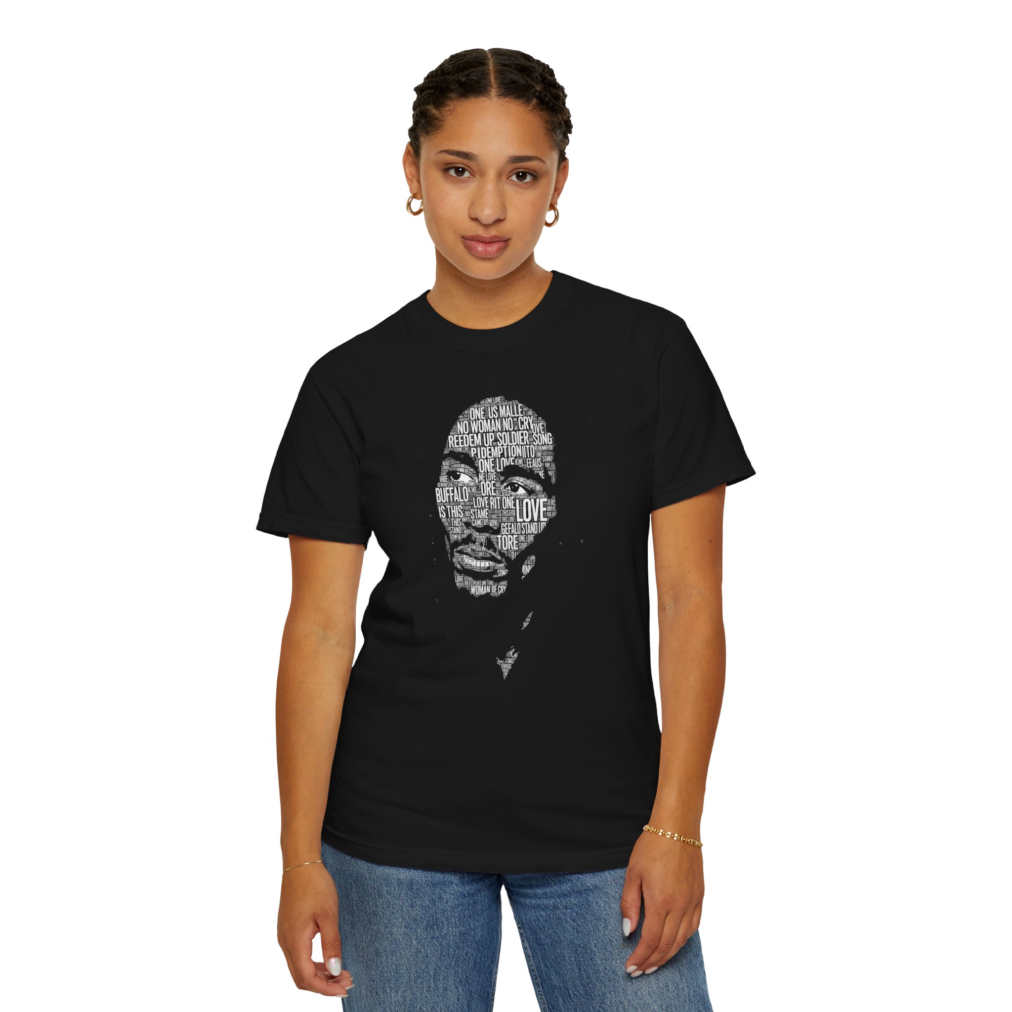 Marley, T-Shirt — Inspirational Typographic Portrait Tee (LOVE text) - Image 4