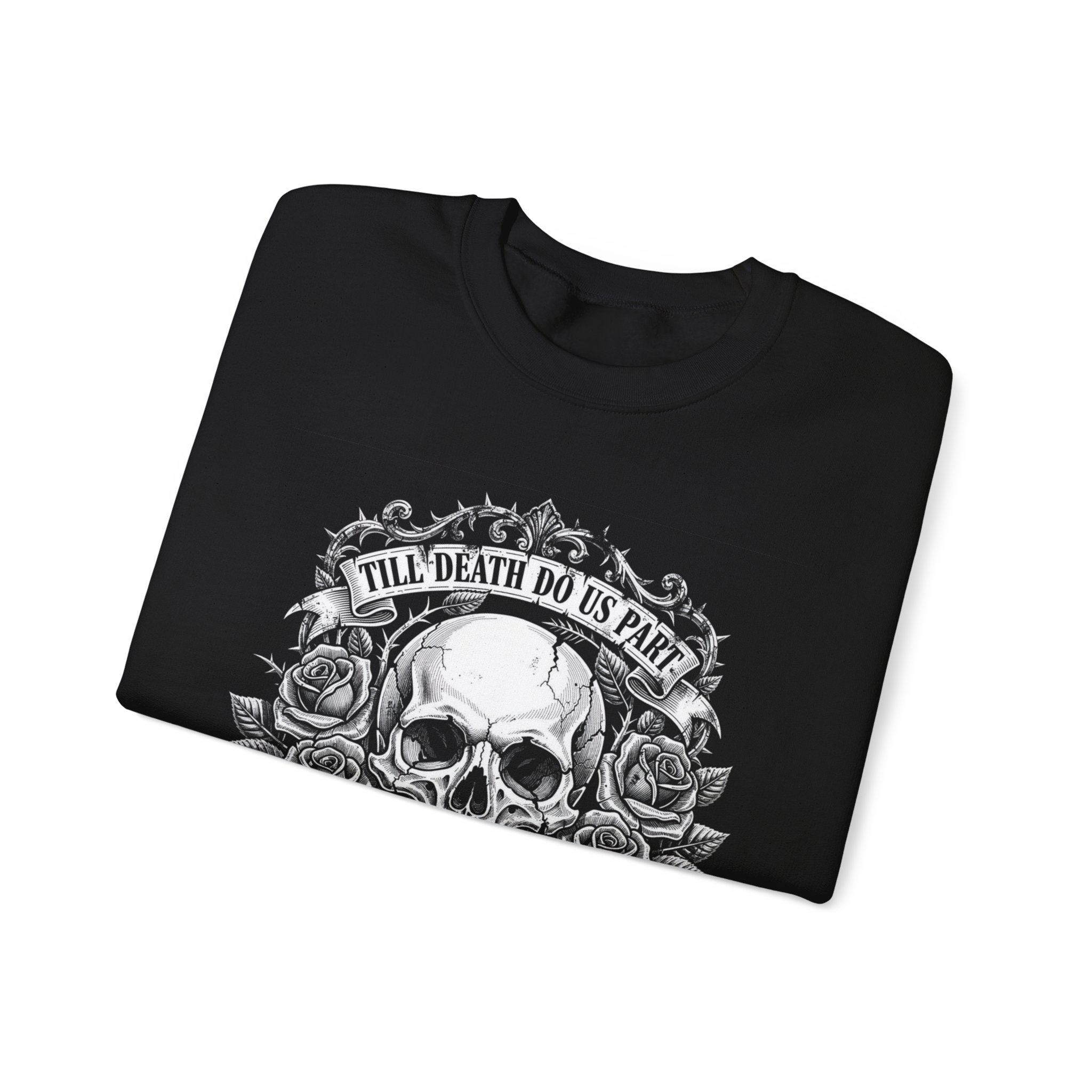 Skull & Roses Crewneck Sweatshirt — "Till Death Do Us Part" Gothic Wedding Sweatshirt, tattoo art - Image 3
