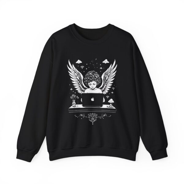 Angel Coder Sweatshirt — Retro Cherub Working at Laptop Graphic Crewneck