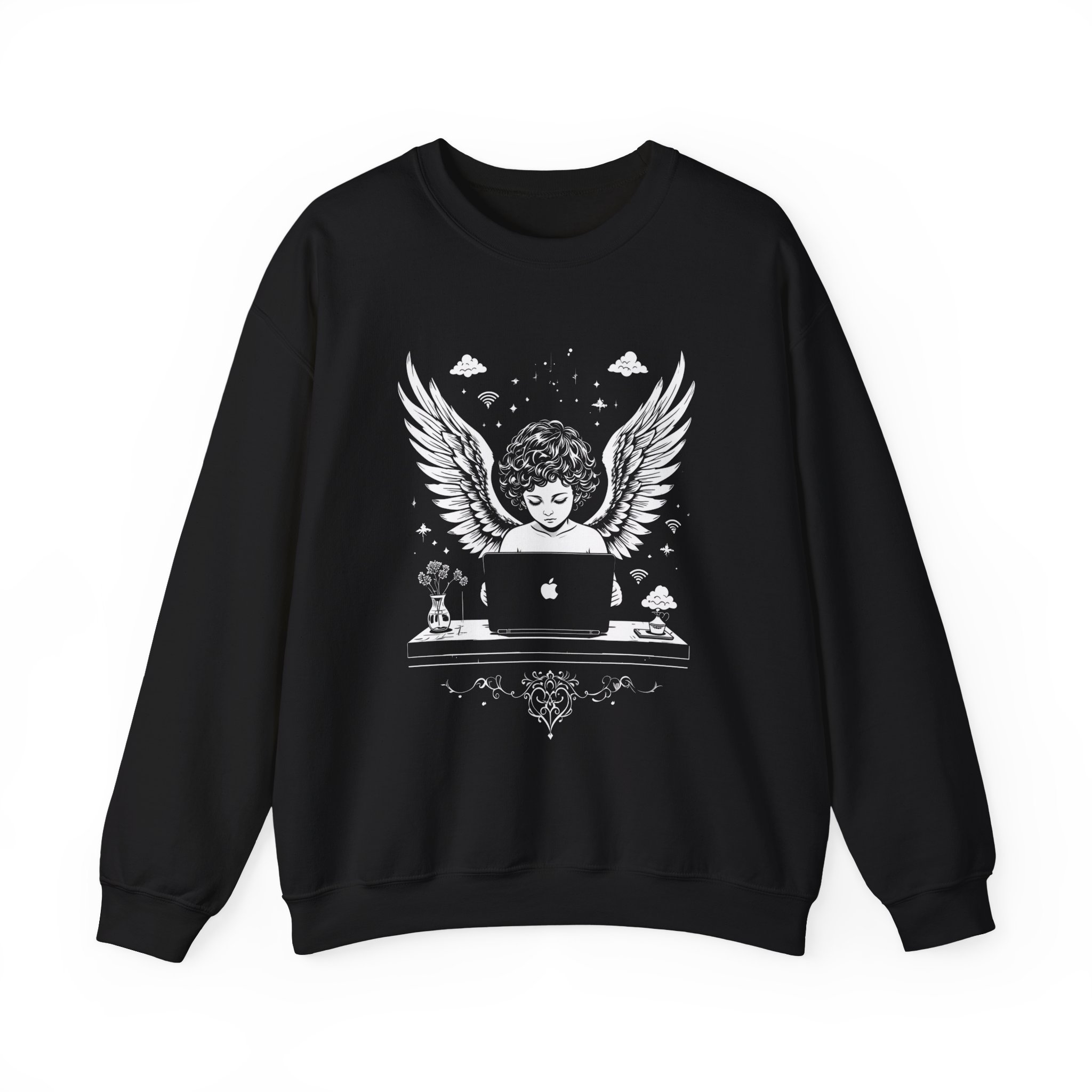 Angel Coder Sweatshirt — Retro Cherub Working at Laptop Graphic Crewneck