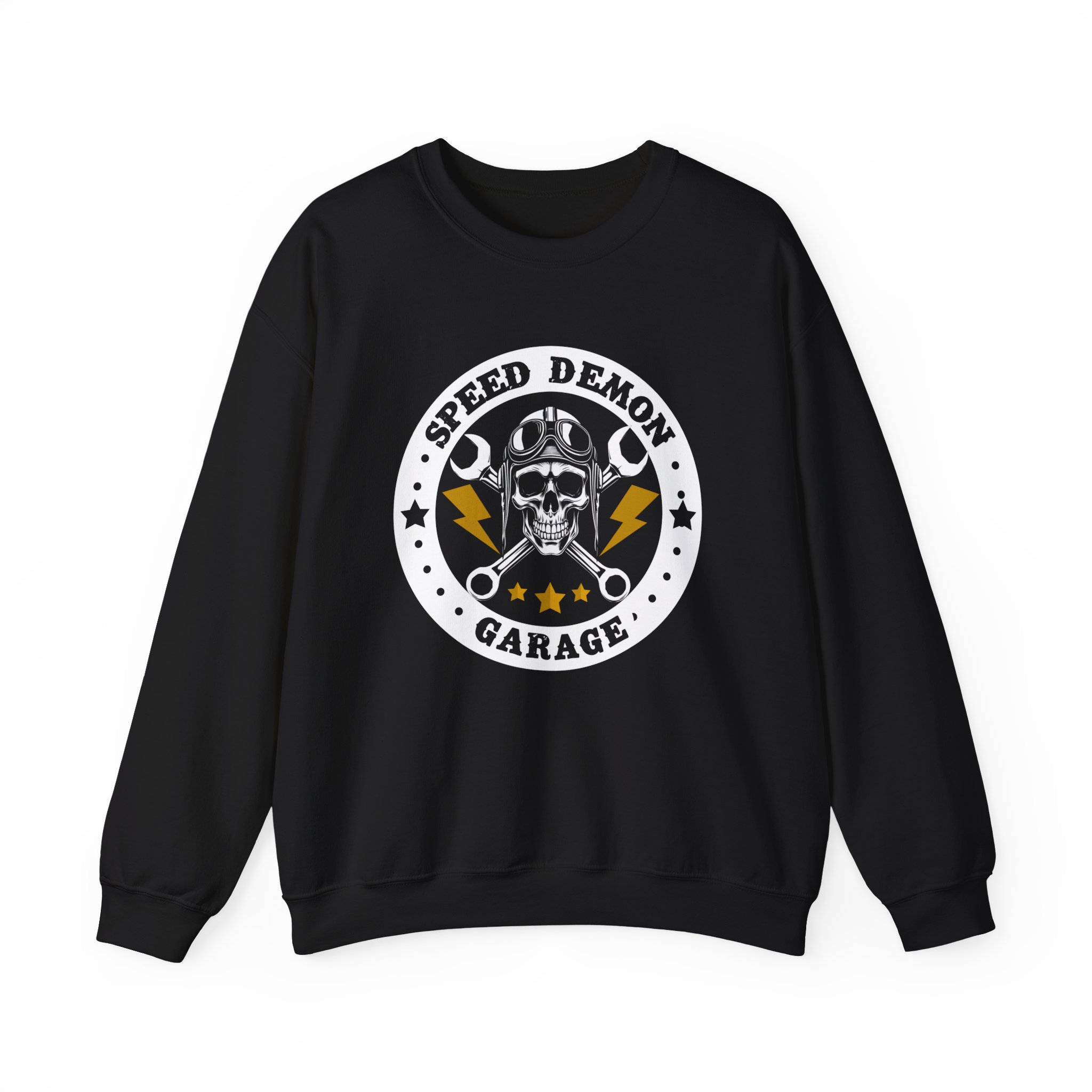 Speed Demon Garage Crewneck Sweatshirt — Skull, Wrench & Lightning Motorcycle Shop Pullover