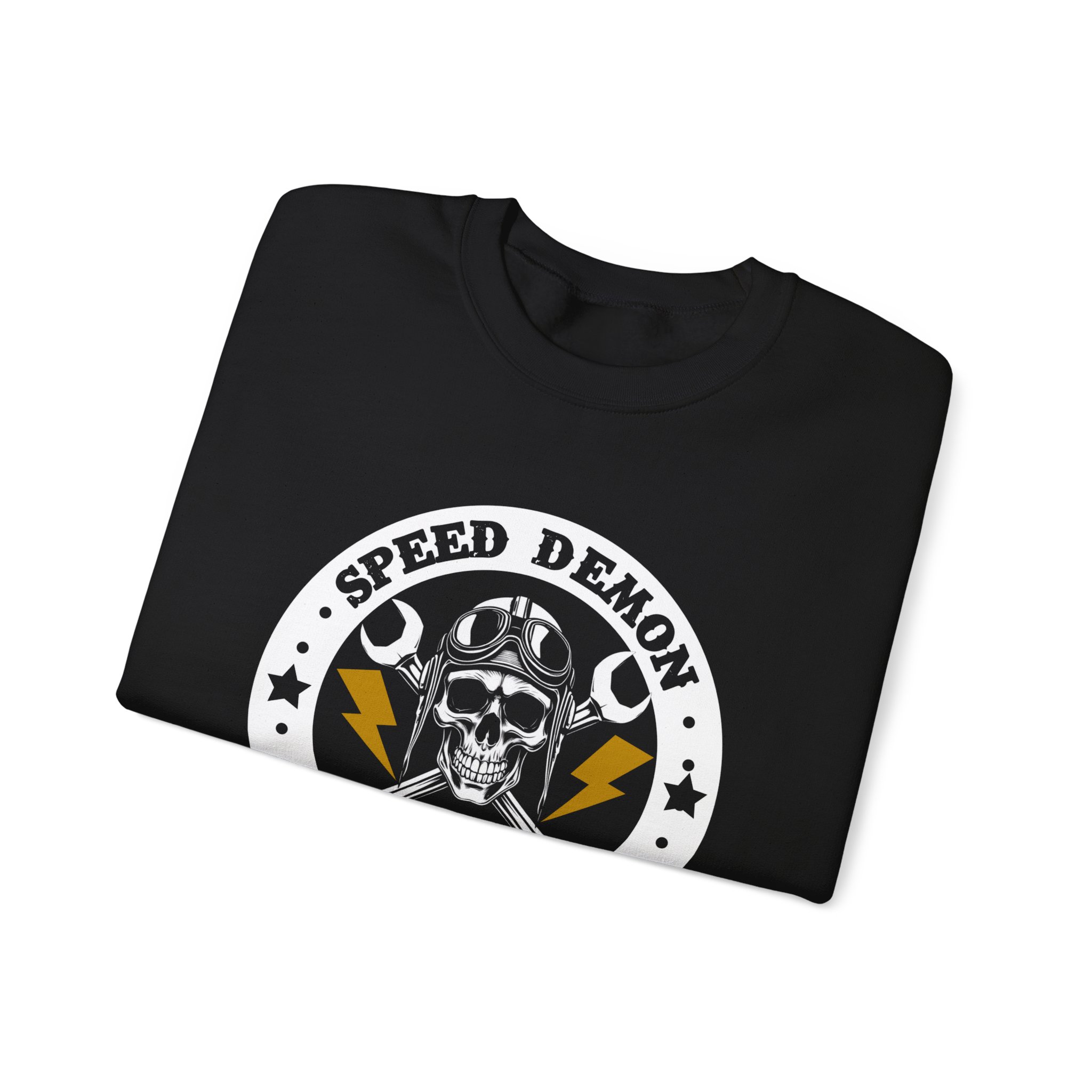Speed Demon Garage Crewneck Sweatshirt — Skull, Wrench & Lightning Motorcycle Shop Pullover - Image 3