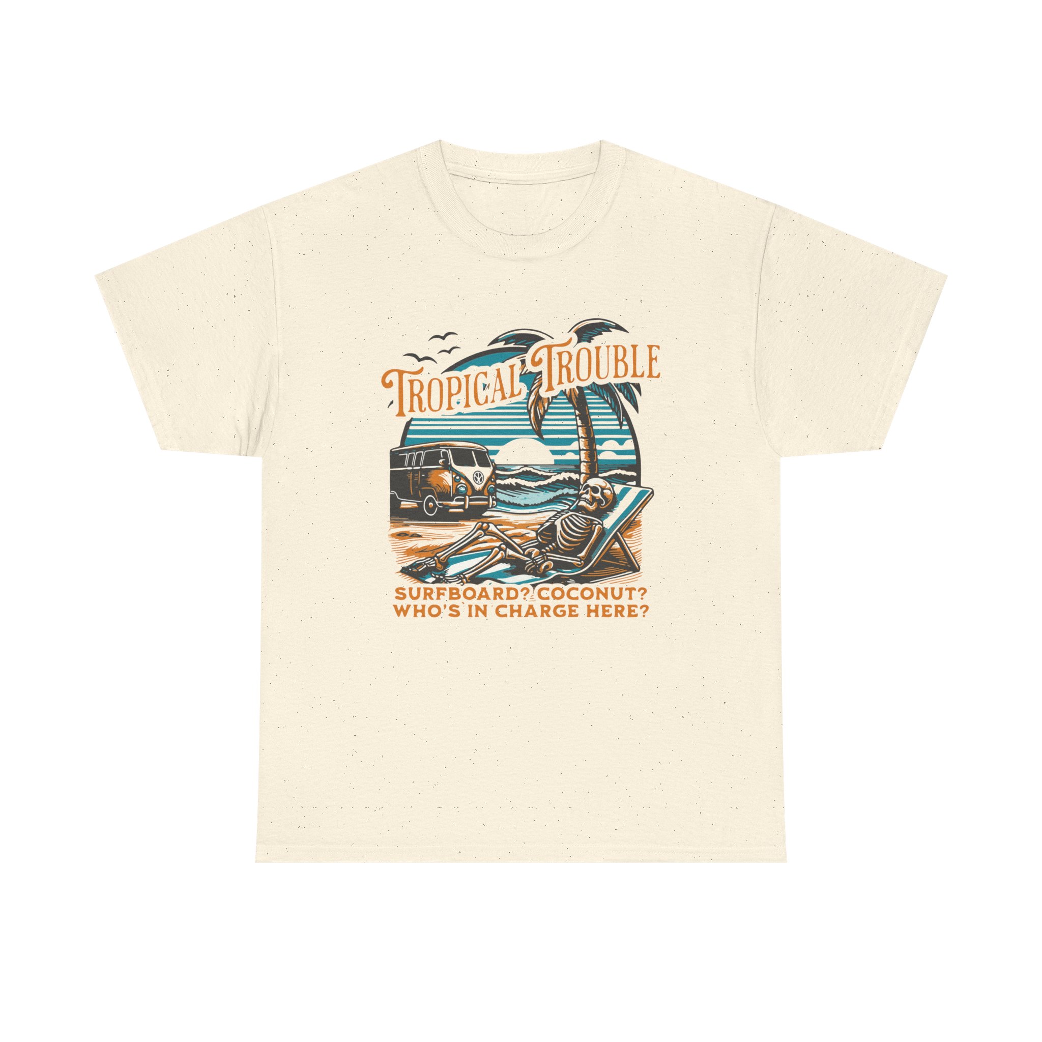 Tropical Trouble Surf Tee — Retro Beach Van & Coconut Surfboard Shirt