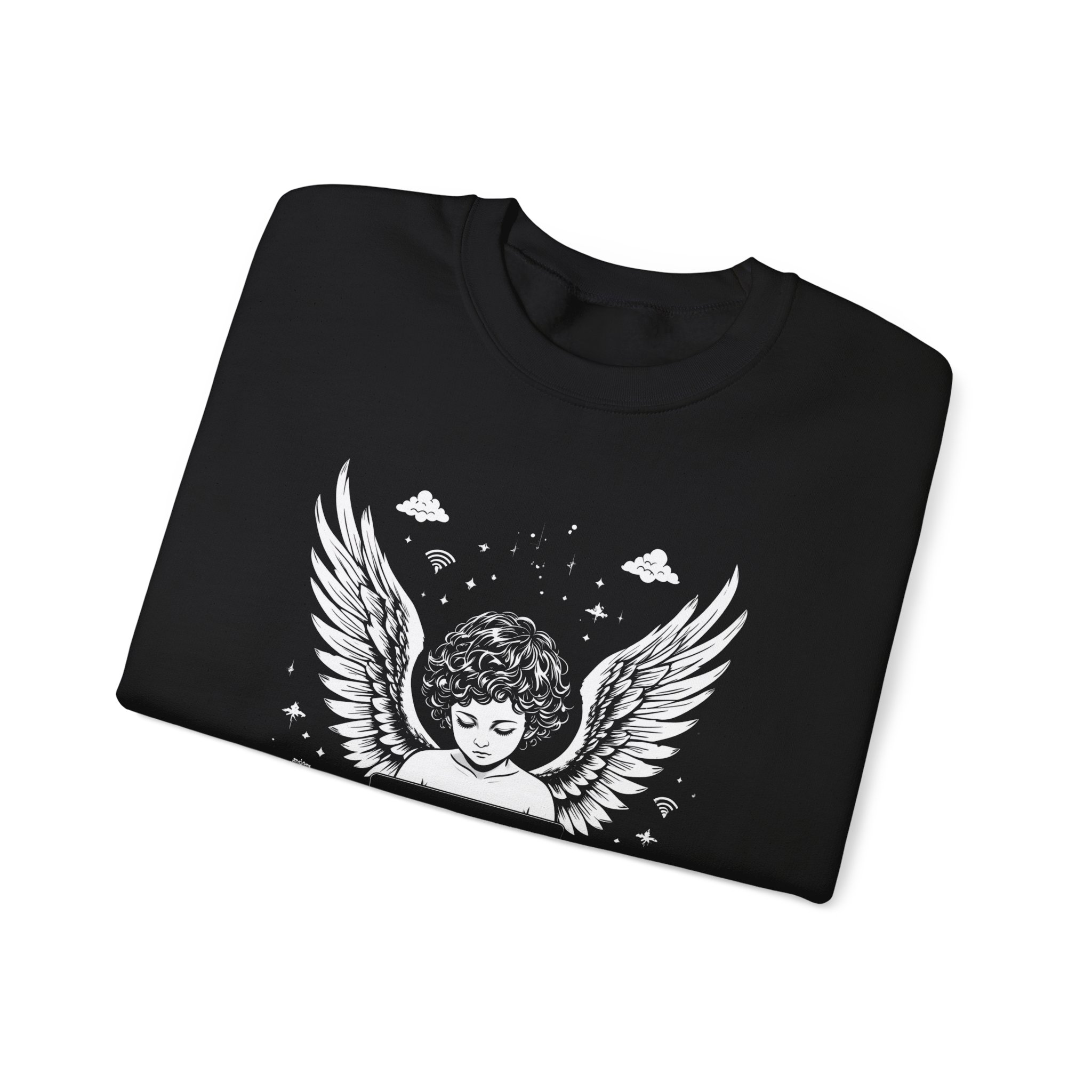 Angel Coder Sweatshirt — Retro Cherub Working at Laptop Graphic Crewneck - Image 3