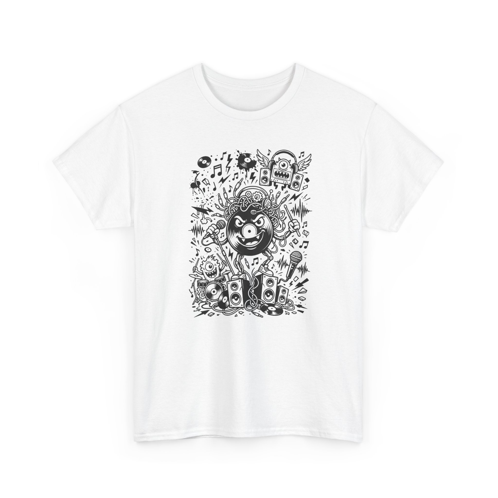 Music Chaos Graphic Tee — Black & White Doodle Monster Art T-Shirt - Image 3