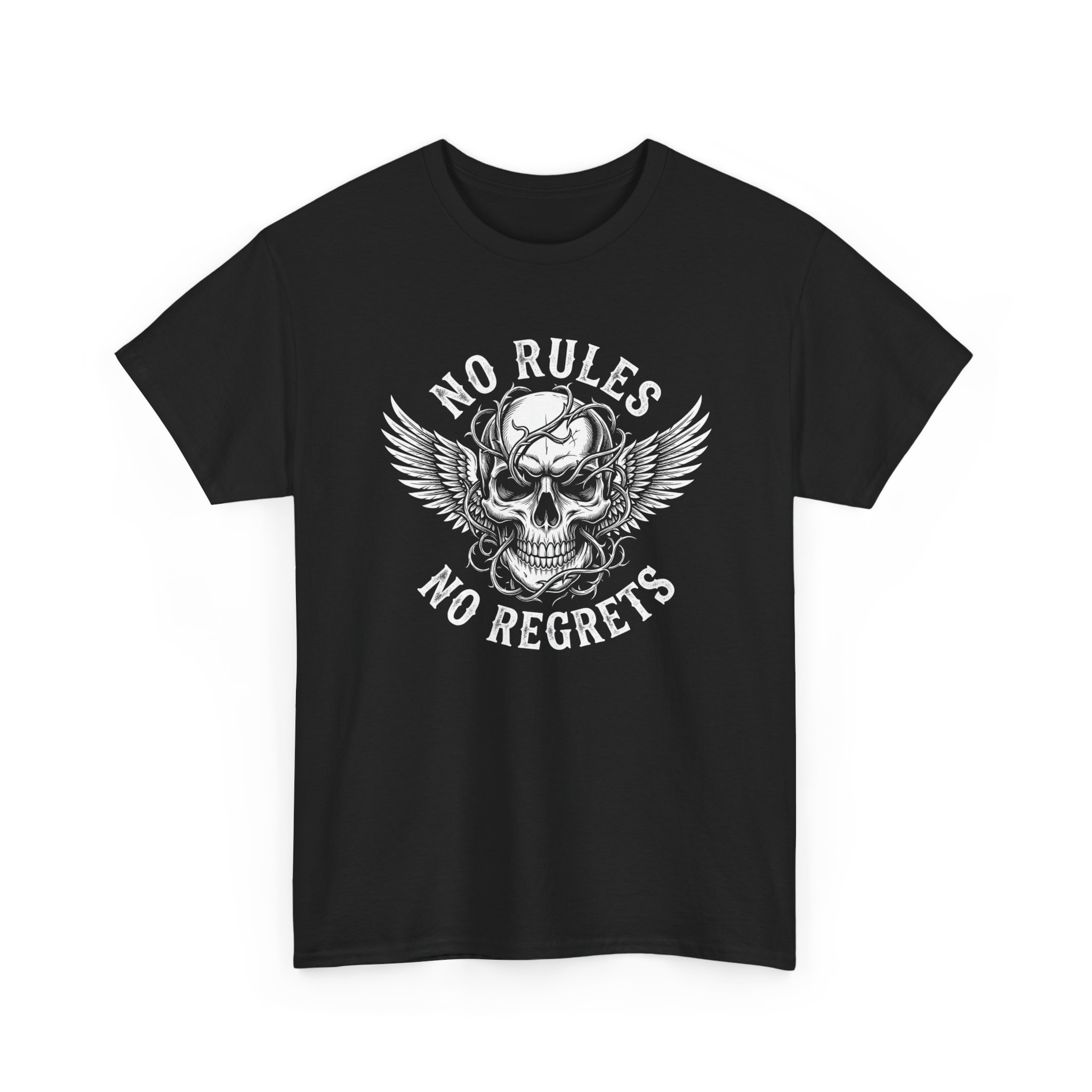 T-Shirt — 'No Rules No Regrets' Winged Skull Graphic Tee - Image 3