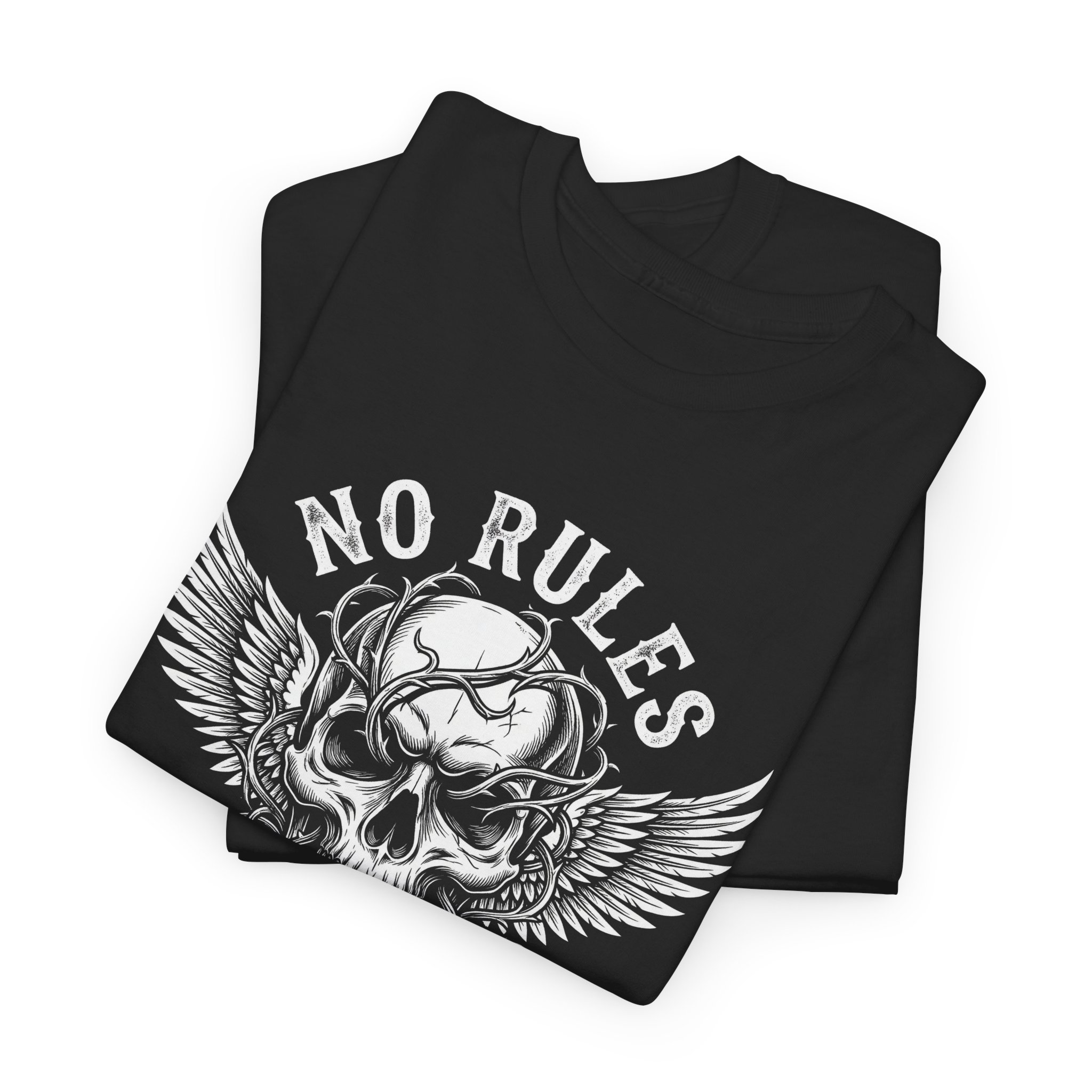 T-Shirt — 'No Rules No Regrets' Winged Skull Graphic Tee - Image 5