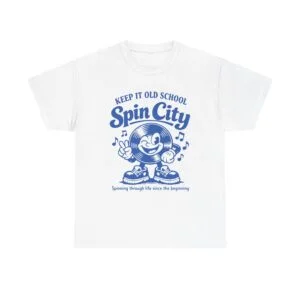 Spin City Retro Cartoon Tee — "Keep It Old School" Vintage DJ T-Shirt
