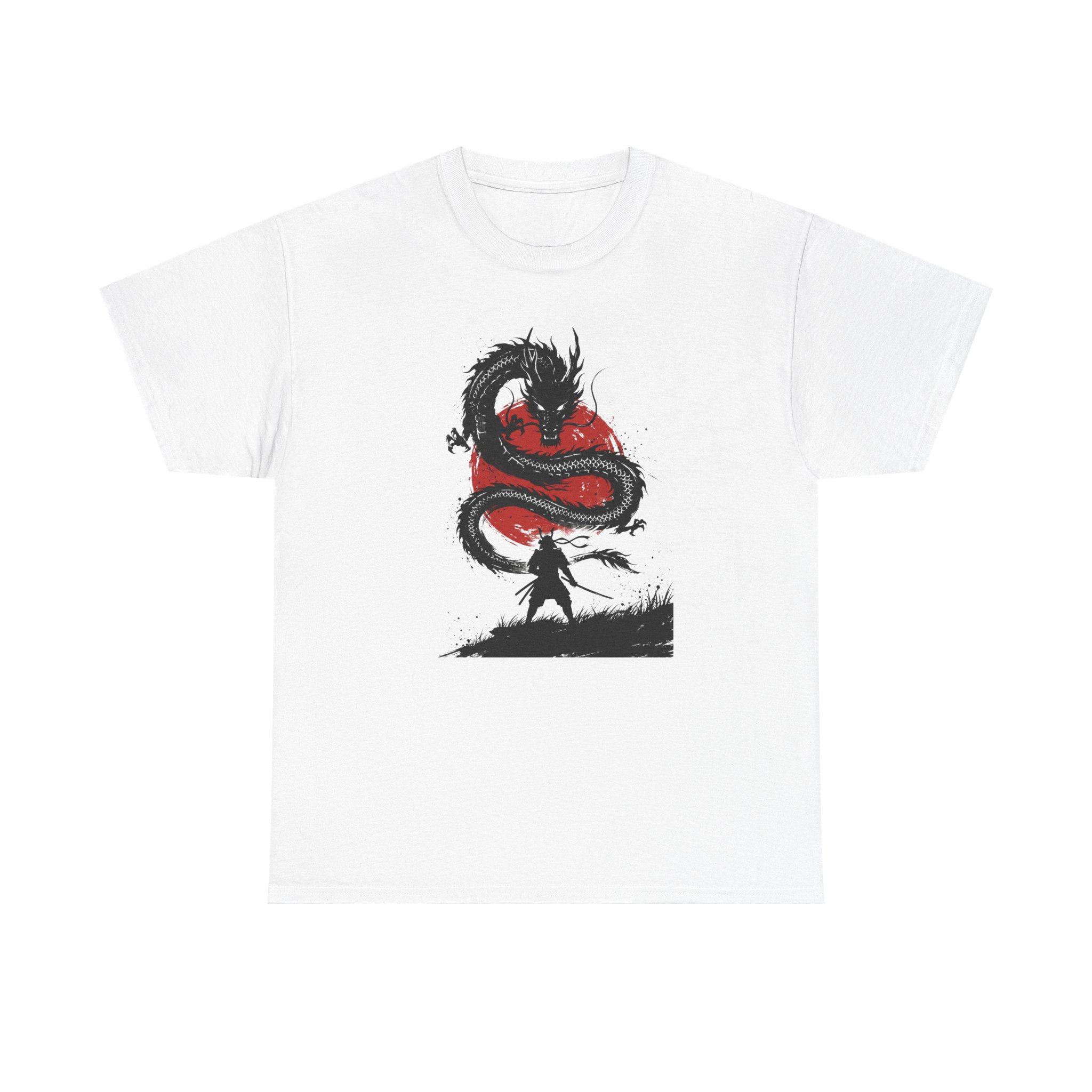 Samurai vs Dragon T-Shirt — Red Ink Brushstroke Graphic Tee