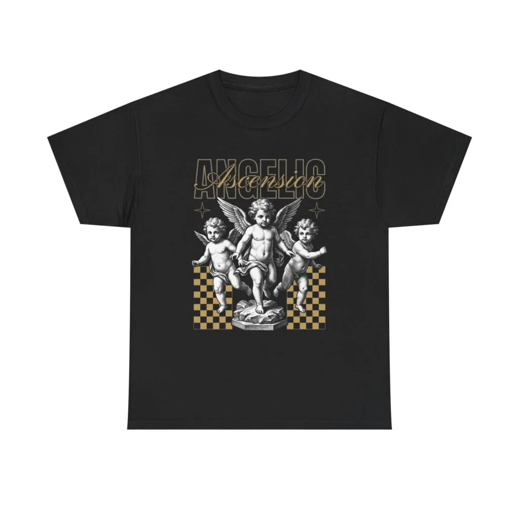 Angelic Ascension, Cherub Statue Graphic Tee — 'Angels' Retro Checkerboard Streetwear Shirt