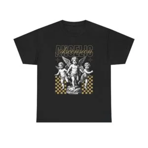 Angelic Ascension, Cherub Statue Graphic Tee — 'Angels' Retro Checkerboard Streetwear Shirt