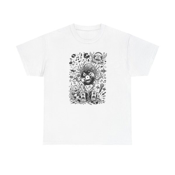 Music Chaos Graphic Tee — Black & White Doodle Monster Art T-Shirt