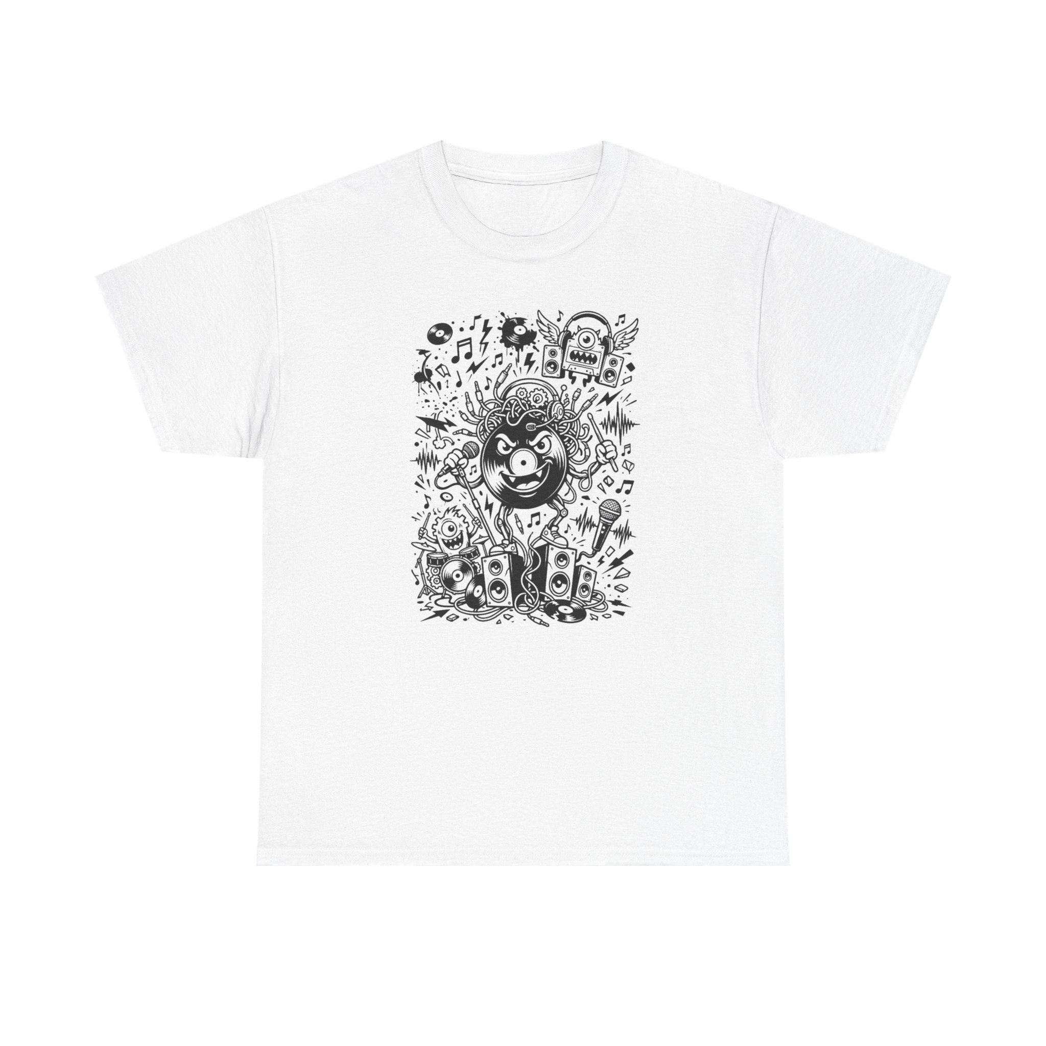 Music Chaos Graphic Tee — Black & White Doodle Monster Art T-Shirt