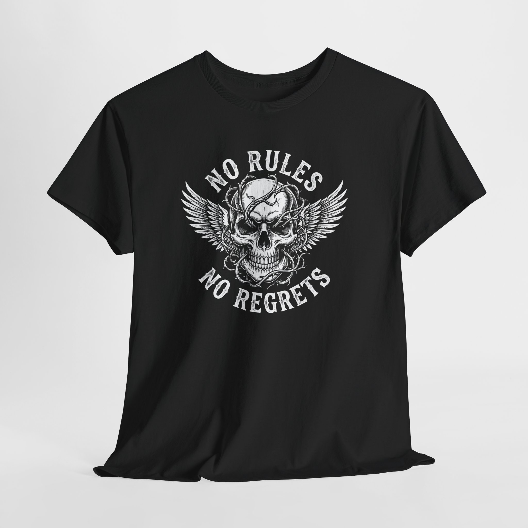 T-Shirt — 'No Rules No Regrets' Winged Skull Graphic Tee - Image 6