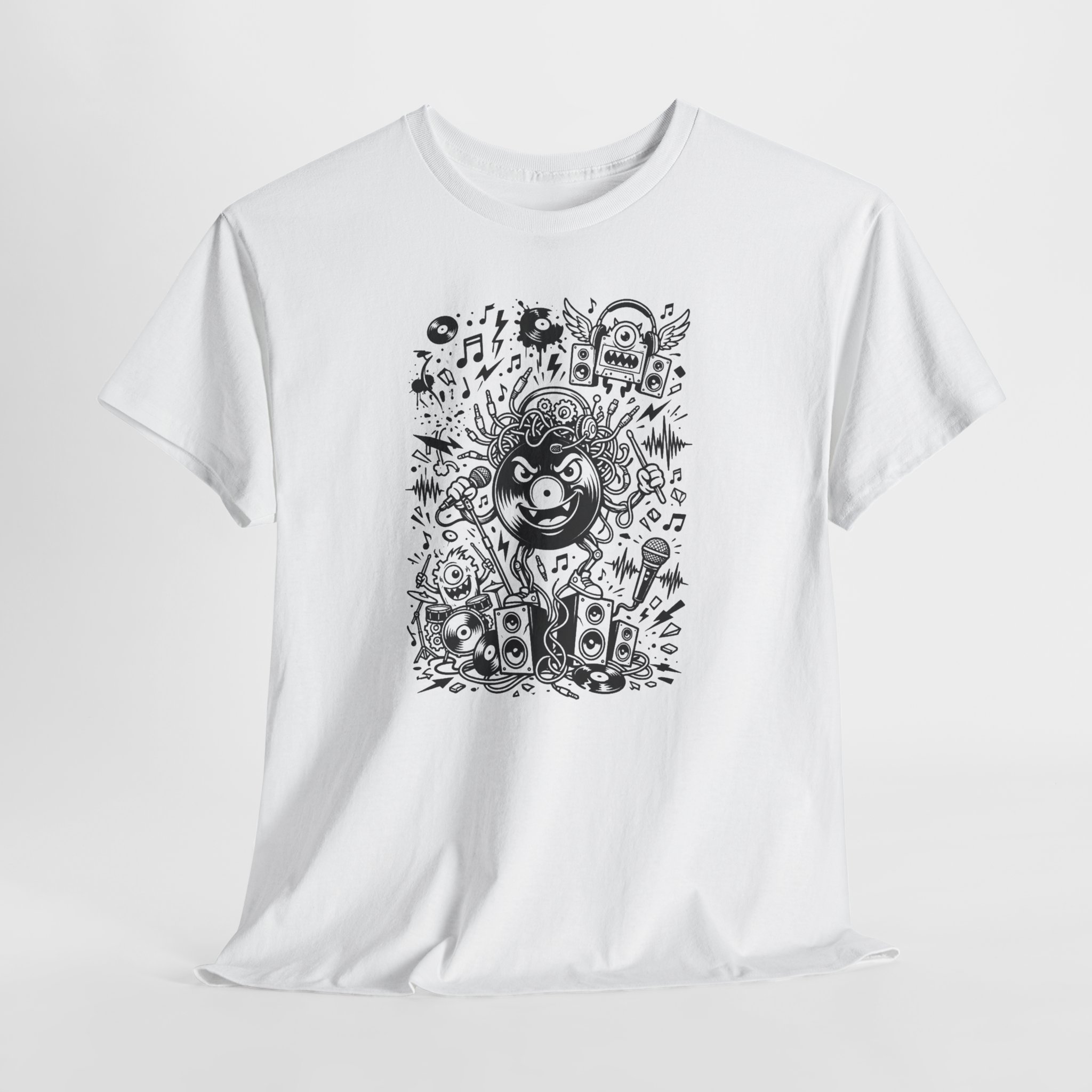Music Chaos Graphic Tee — Black & White Doodle Monster Art T-Shirt - Image 6