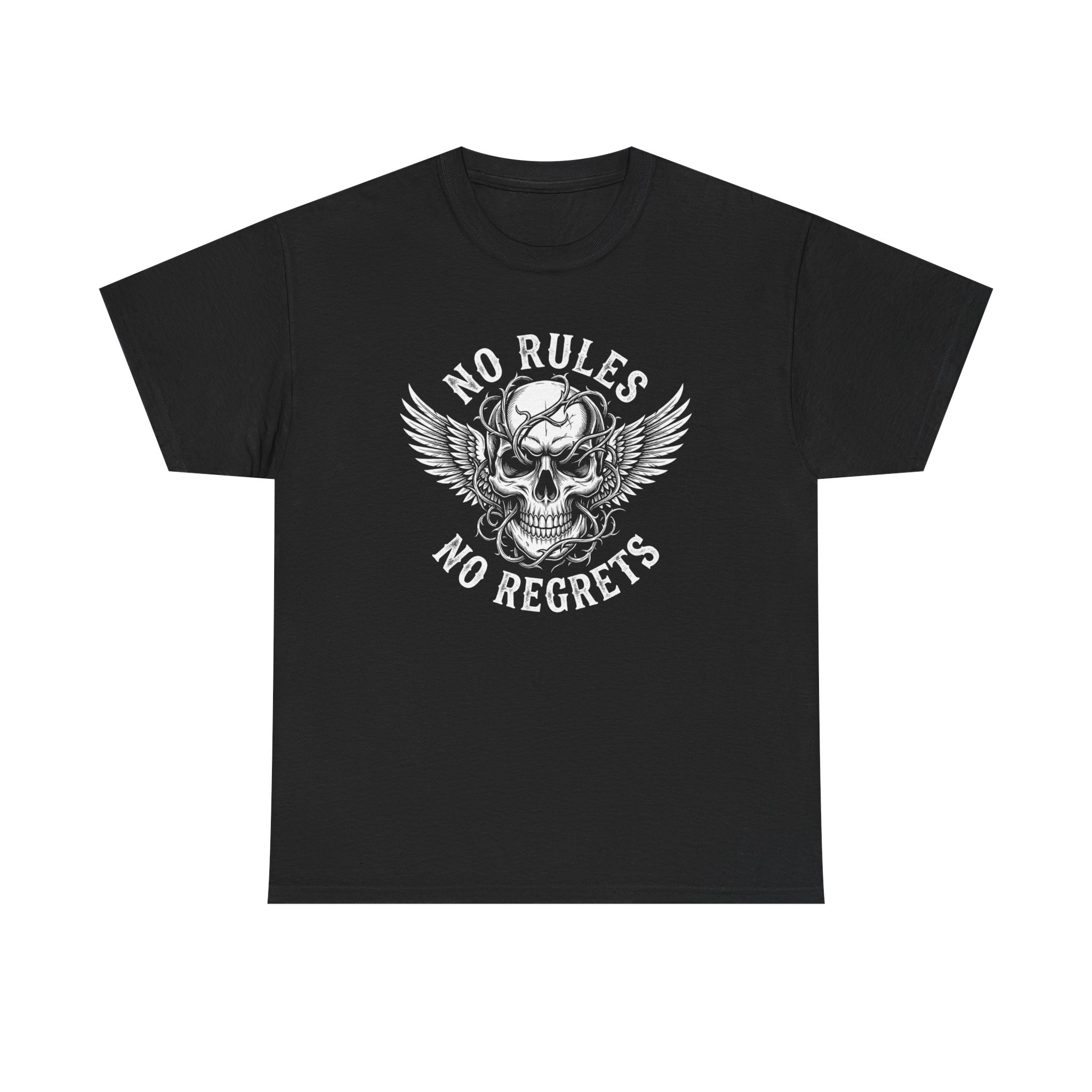 T-Shirt — 'No Rules No Regrets' Winged Skull Graphic Tee