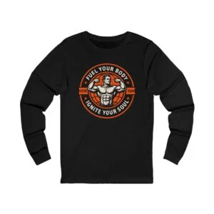 Fitness Long Sleeve Tee — "Fuel Your Body, Ignite Your Soul" Muscle Logo