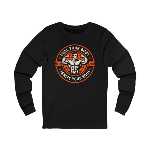 Fitness Long Sleeve Tee — "Fuel Your Body, Ignite Your Soul" Muscle Logo
