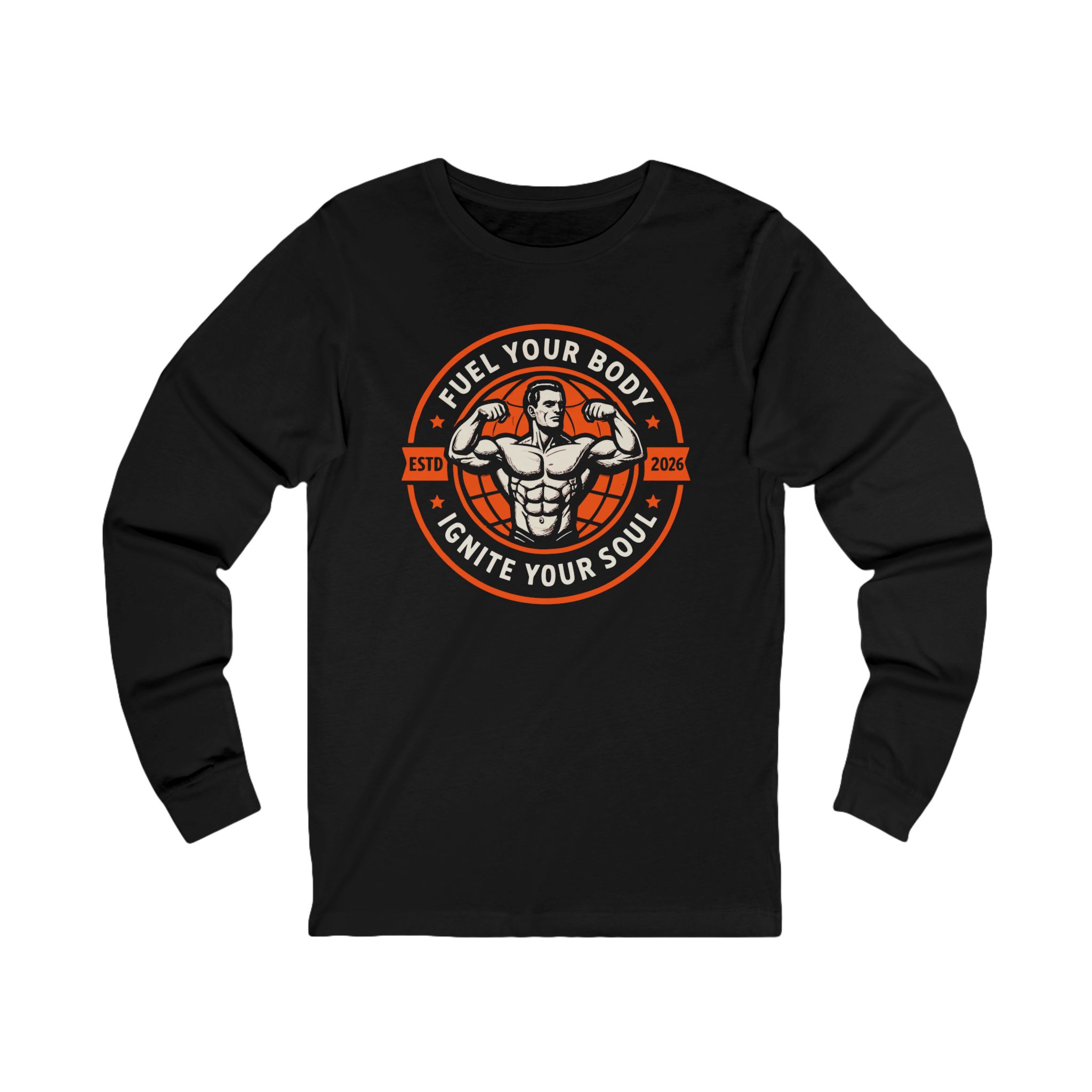 Fitness Long Sleeve Tee — "Fuel Your Body, Ignite Your Soul" Muscle Logo