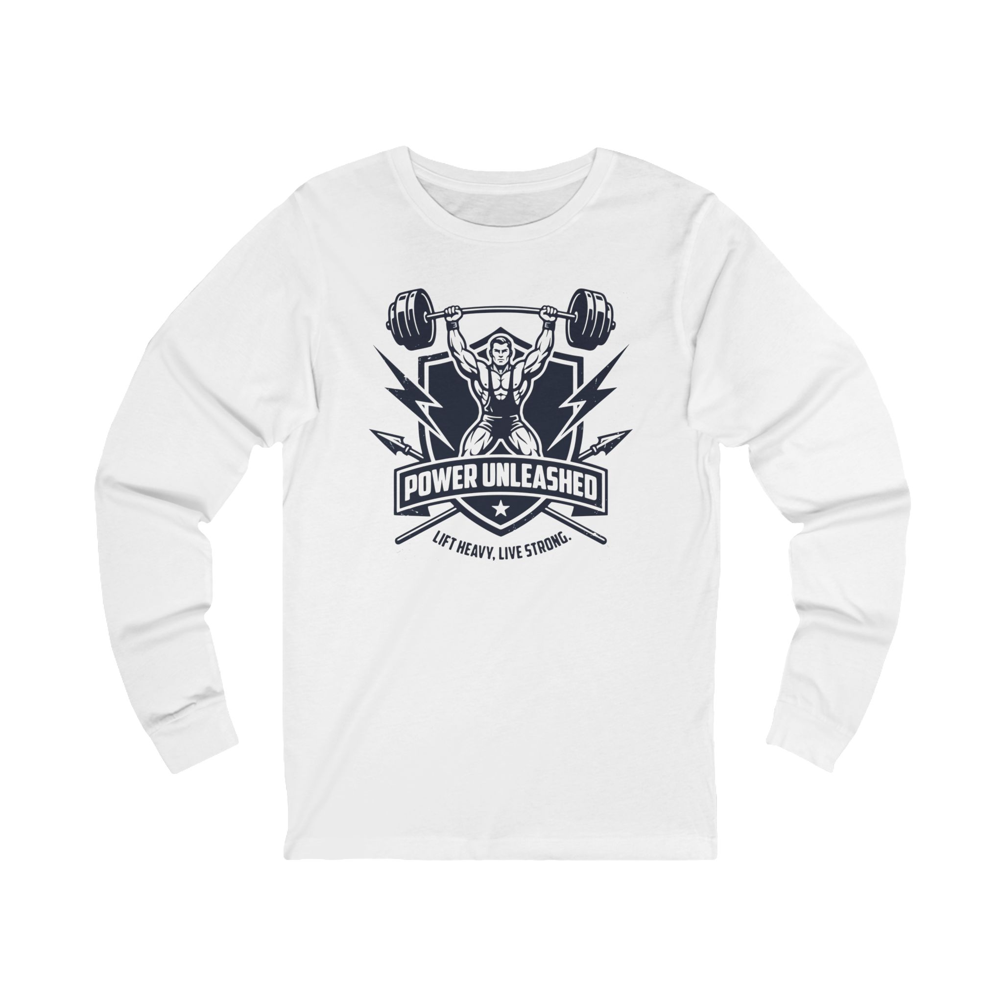 Power Unleashed Weightlifting Long Sleeve Tee — 'Get Heavy, Live Strong' Gym Shirt