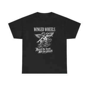 Winged Wheels Tee — Vintage Angel Motorcycle Shirt "Heard the Beat, Hit the Street"