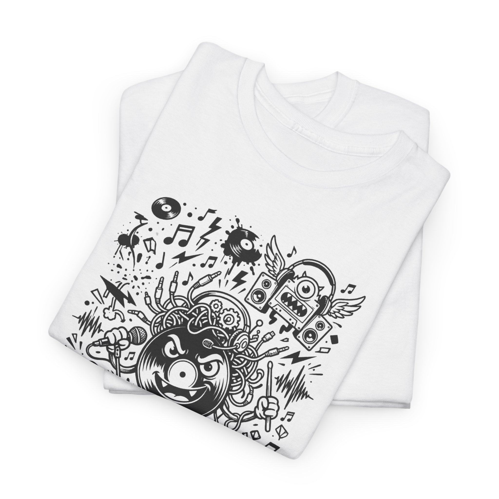 Music Chaos Graphic Tee — Black & White Doodle Monster Art T-Shirt - Image 5