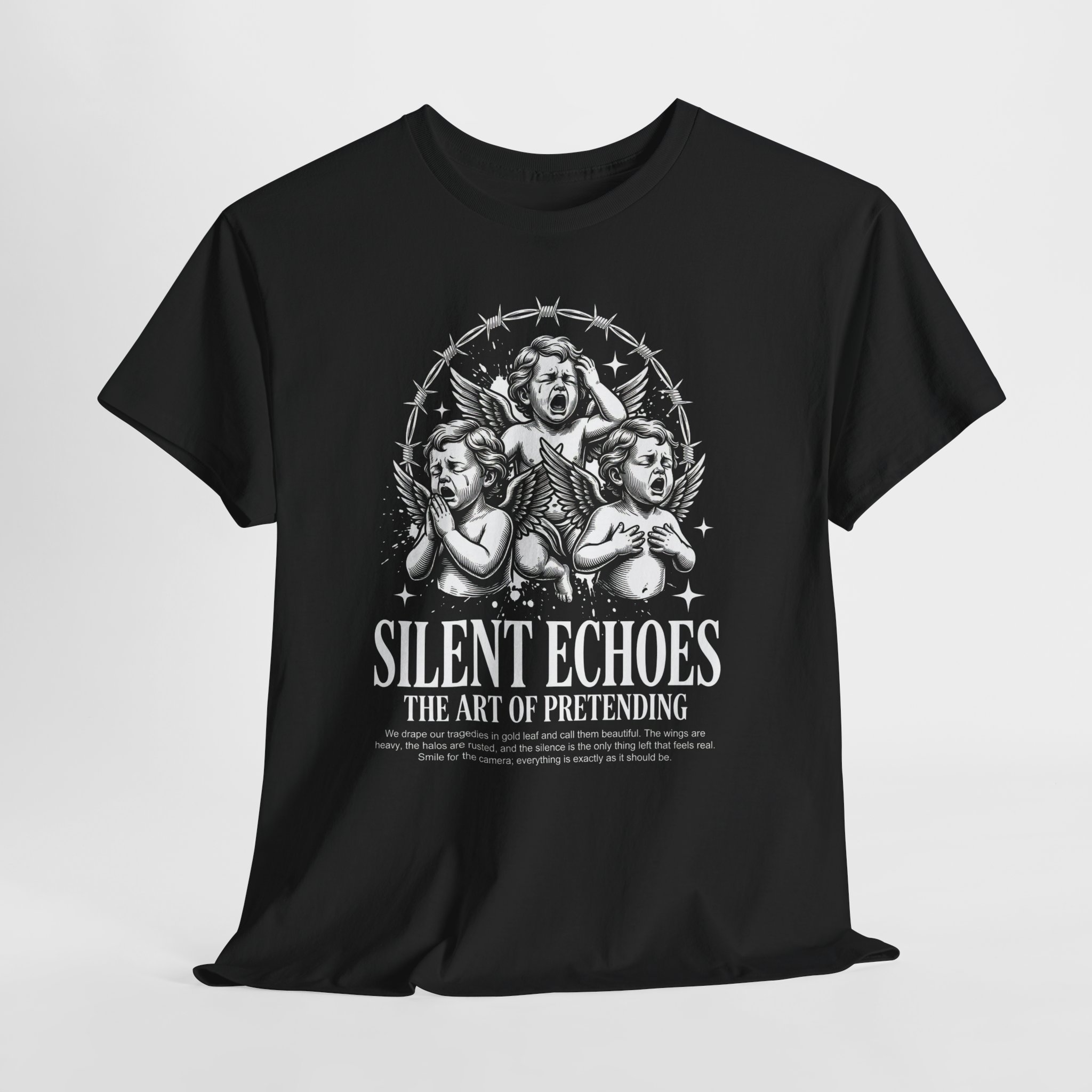 Silent Echoes Graphic Tee — 'The Art of Pretending' Gothic Cherub T-Shirt - Image 6