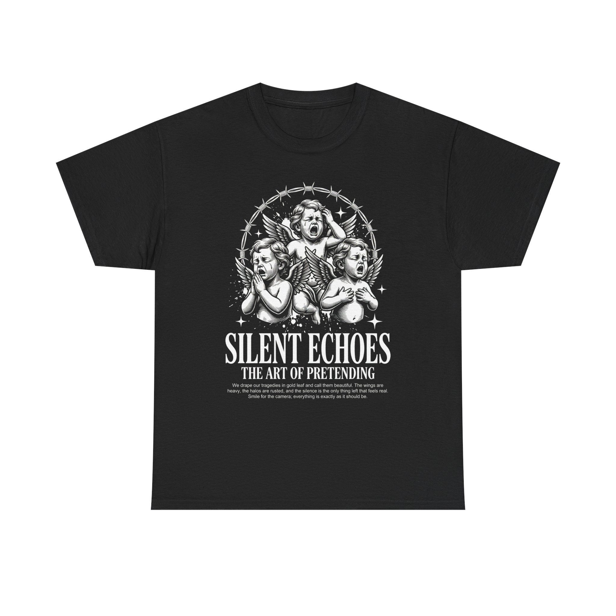 Silent Echoes Graphic Tee — 'The Art of Pretending' Gothic Cherub T-Shirt