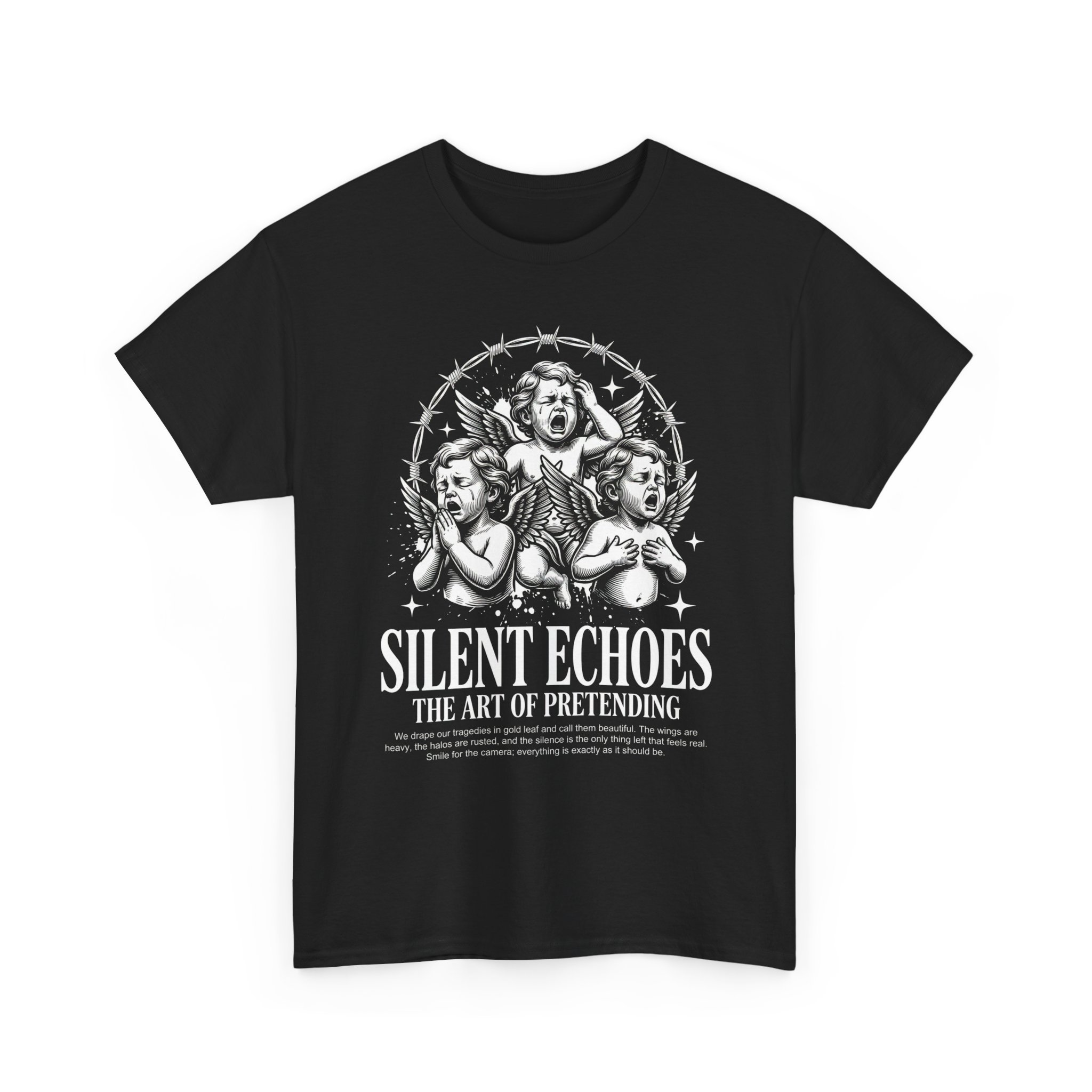 Silent Echoes Graphic Tee — 'The Art of Pretending' Gothic Cherub T-Shirt - Image 3