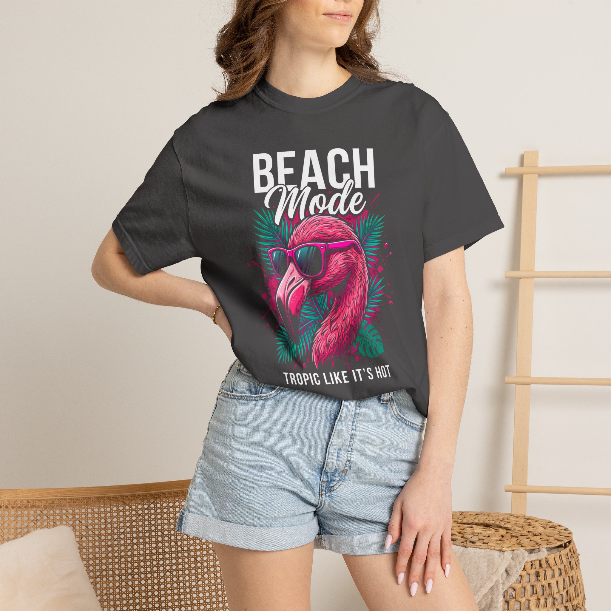 Beach Mode T-Shirt — Pink Flamingo 'Tropic Like It's Hot' Graphic Tee - Image 4