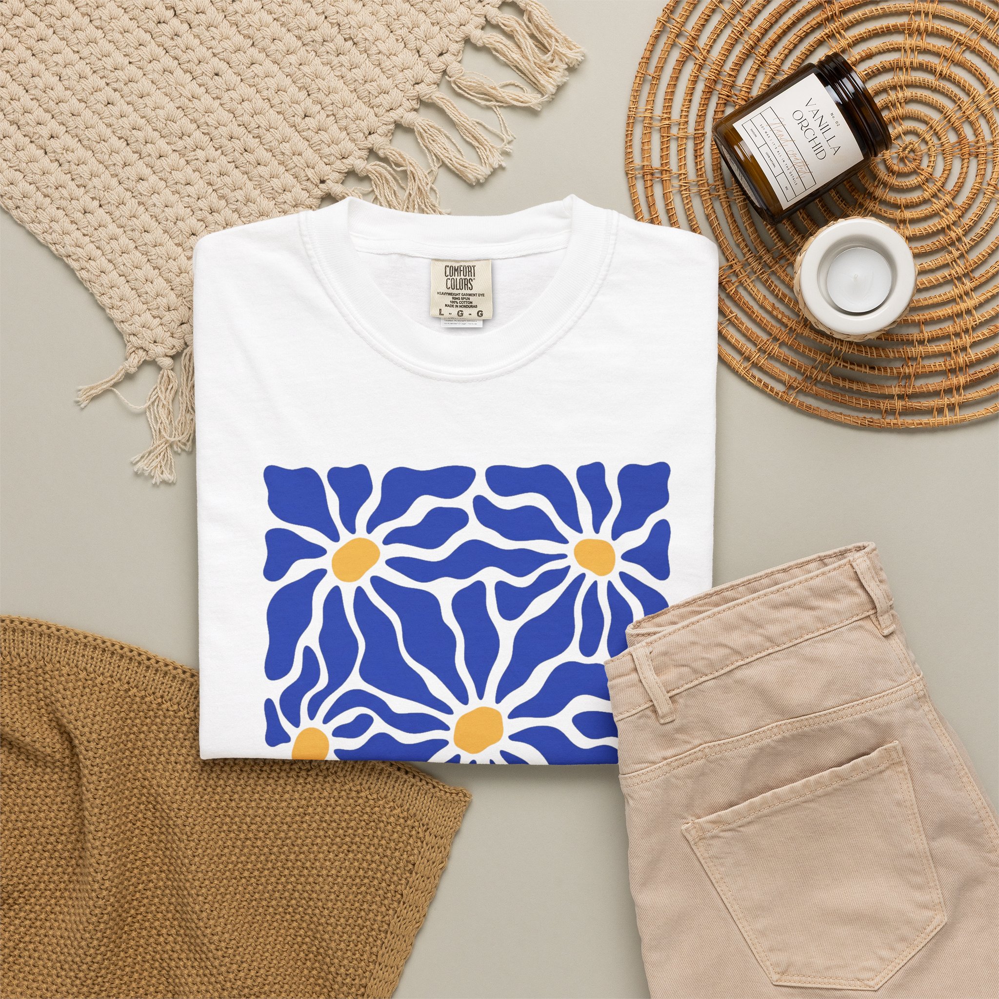 Daisy Tile Graphic T-Shirt — Blue & Yellow Floral Art Tee - Image 6