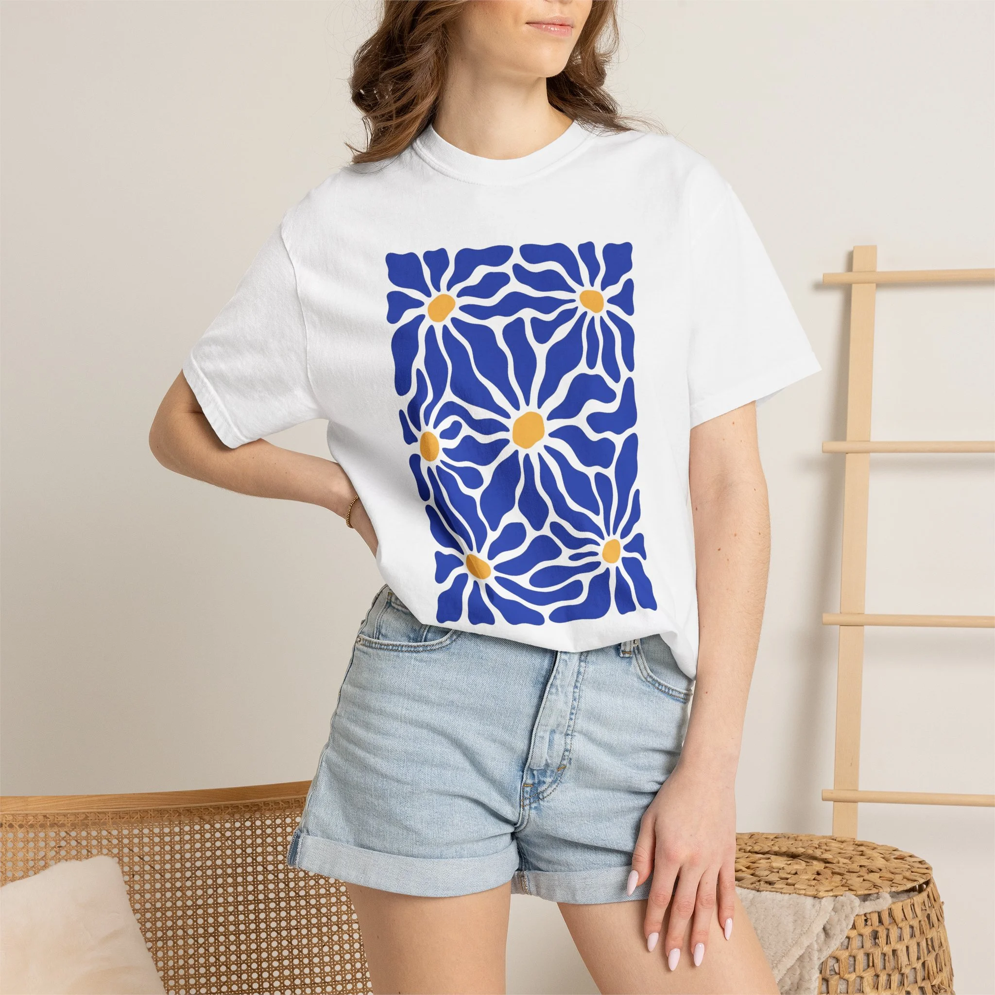 Daisy Tile Graphic T-Shirt — Blue & Yellow Floral Art Tee - Image 4