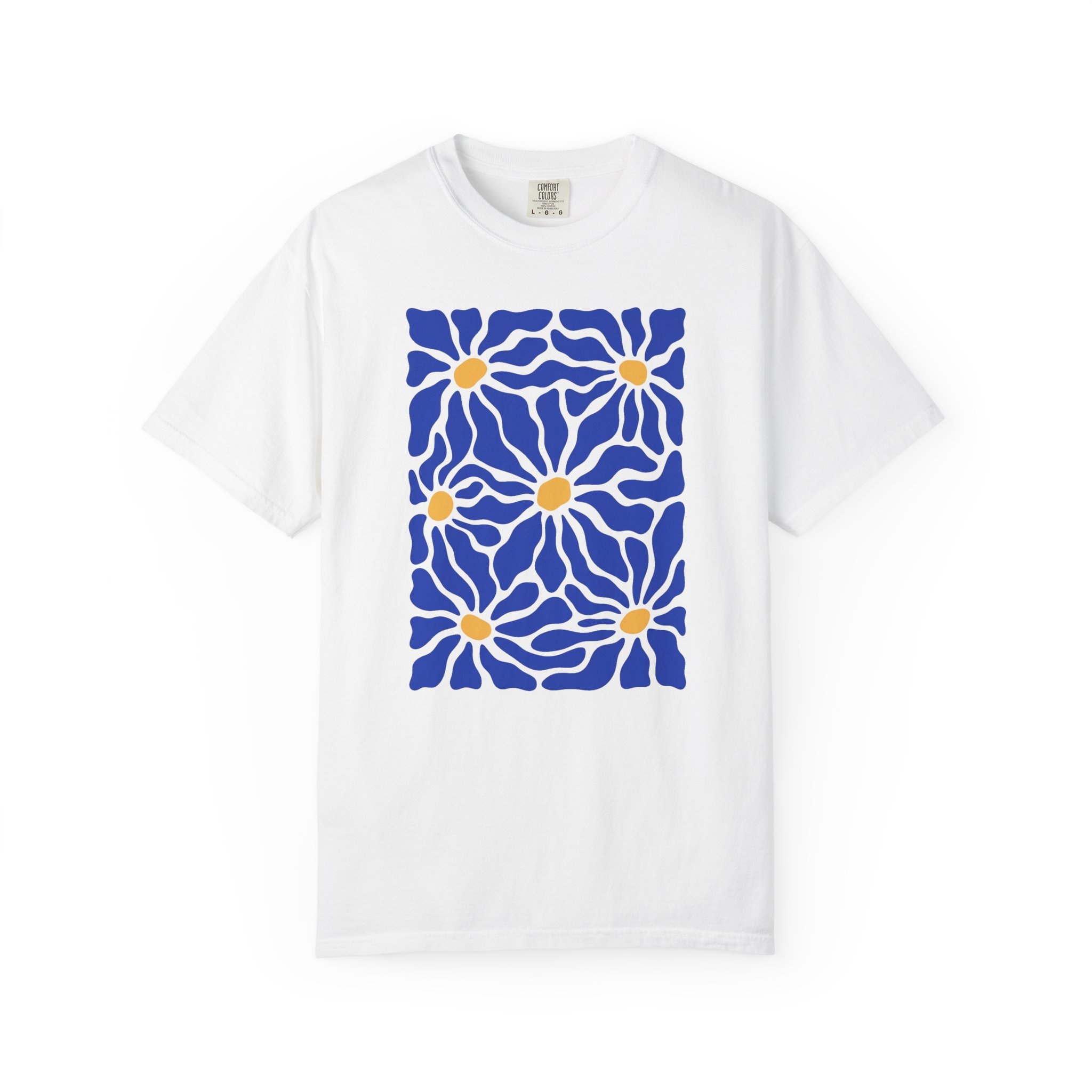 Daisy Tile Graphic T-Shirt — Blue & Yellow Floral Art Tee