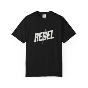 Rebel Lightning T-Shirt — Bold Graphic Tee with 'REBEL' Text