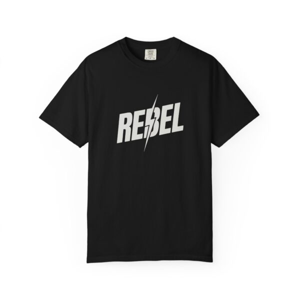 Rebel Lightning T-Shirt — Bold Graphic Tee with 'REBEL' Text