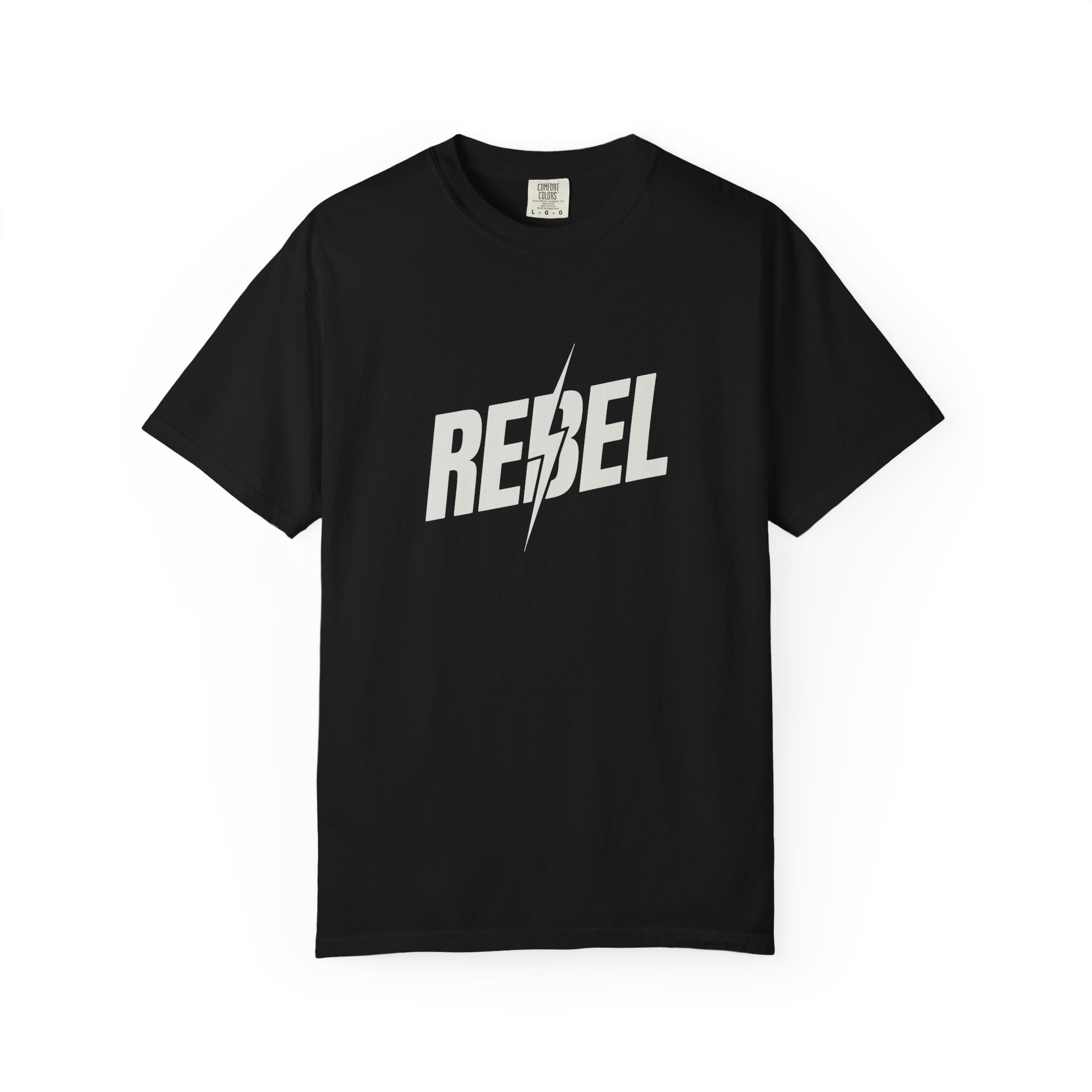 Rebel Lightning T-Shirt — Bold Graphic Tee with 'REBEL' Text