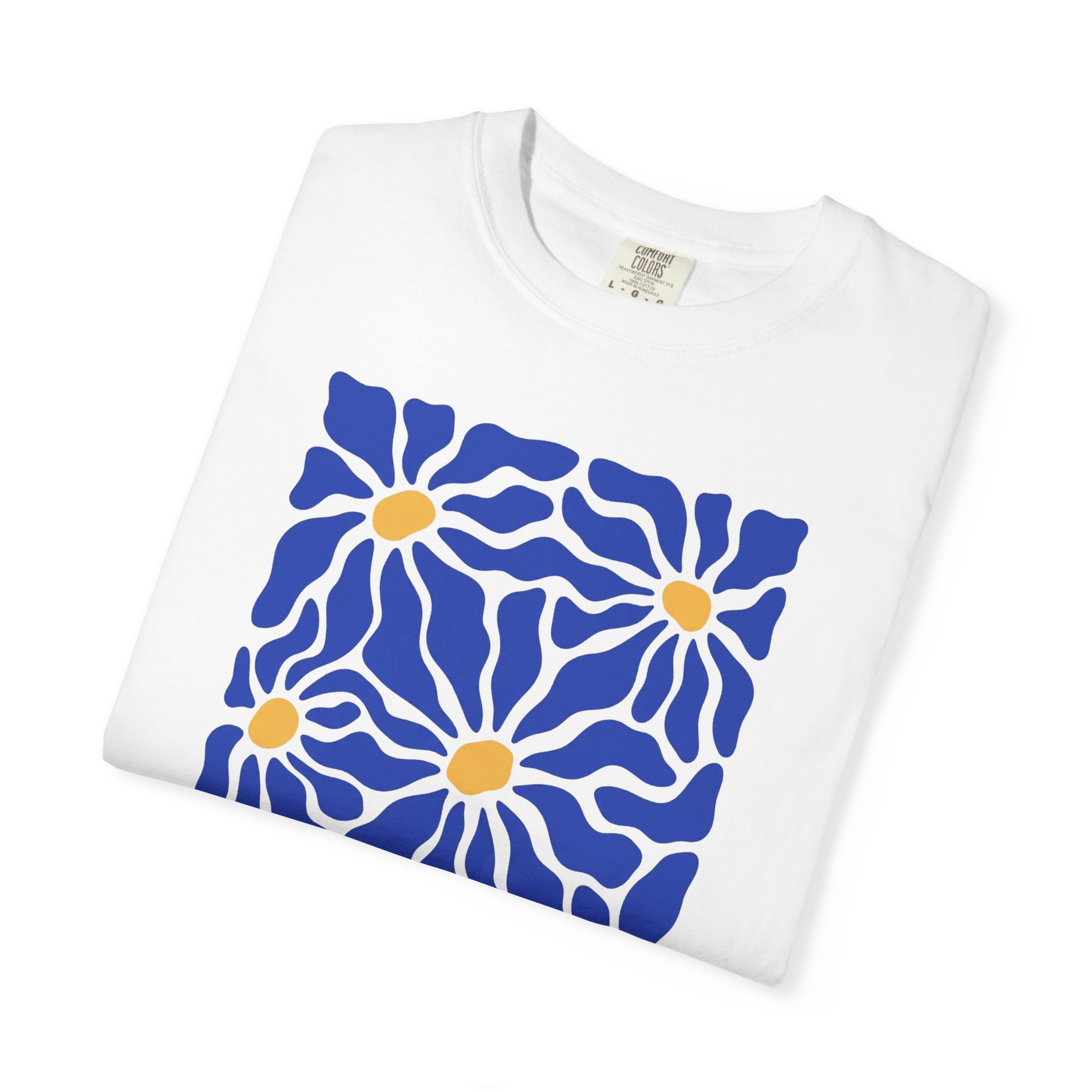 Daisy Tile Graphic T-Shirt — Blue & Yellow Floral Art Tee - Image 3