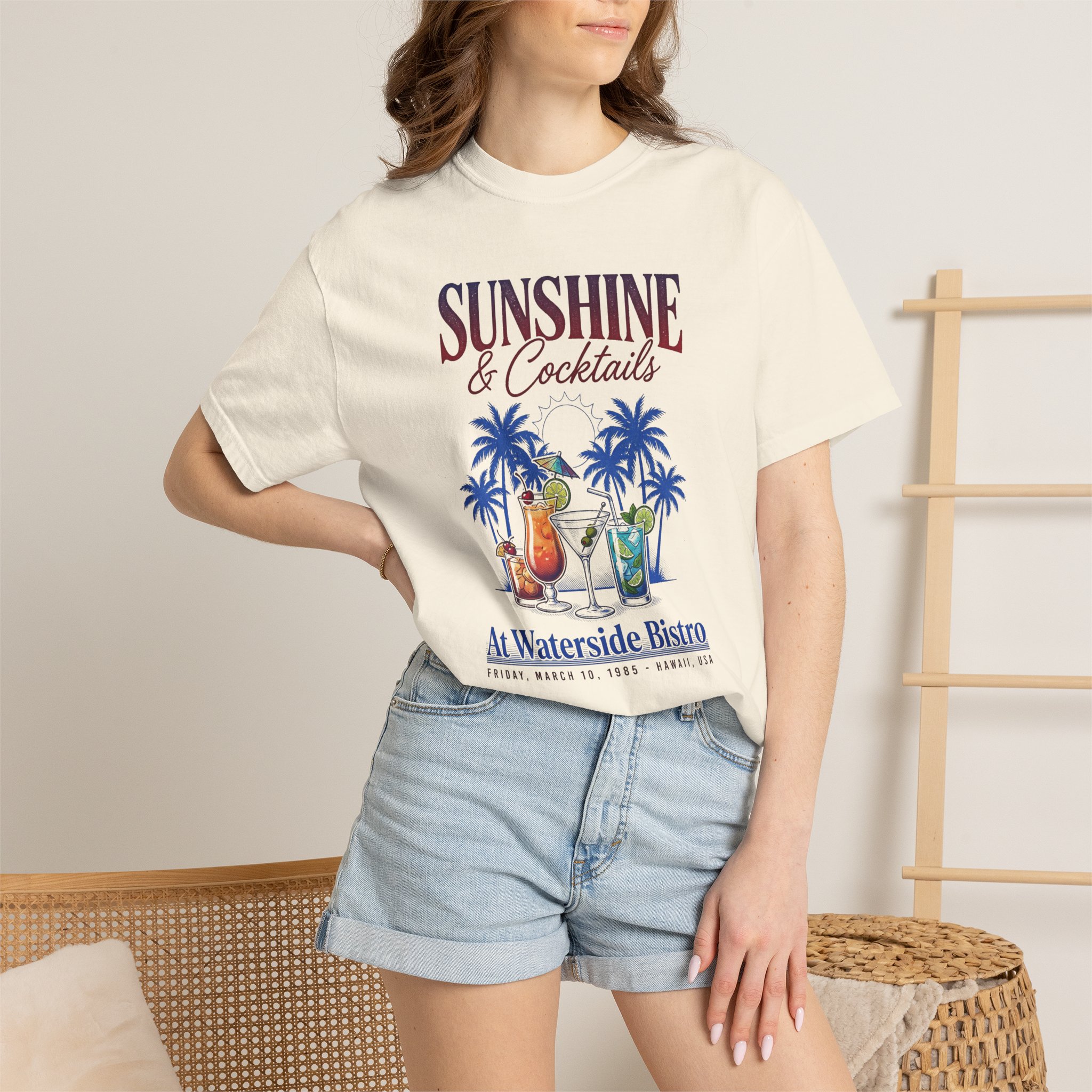 Sunshine & Cocktails T-Shirt – Waterside Bistro Retro Beach Tee - Image 4